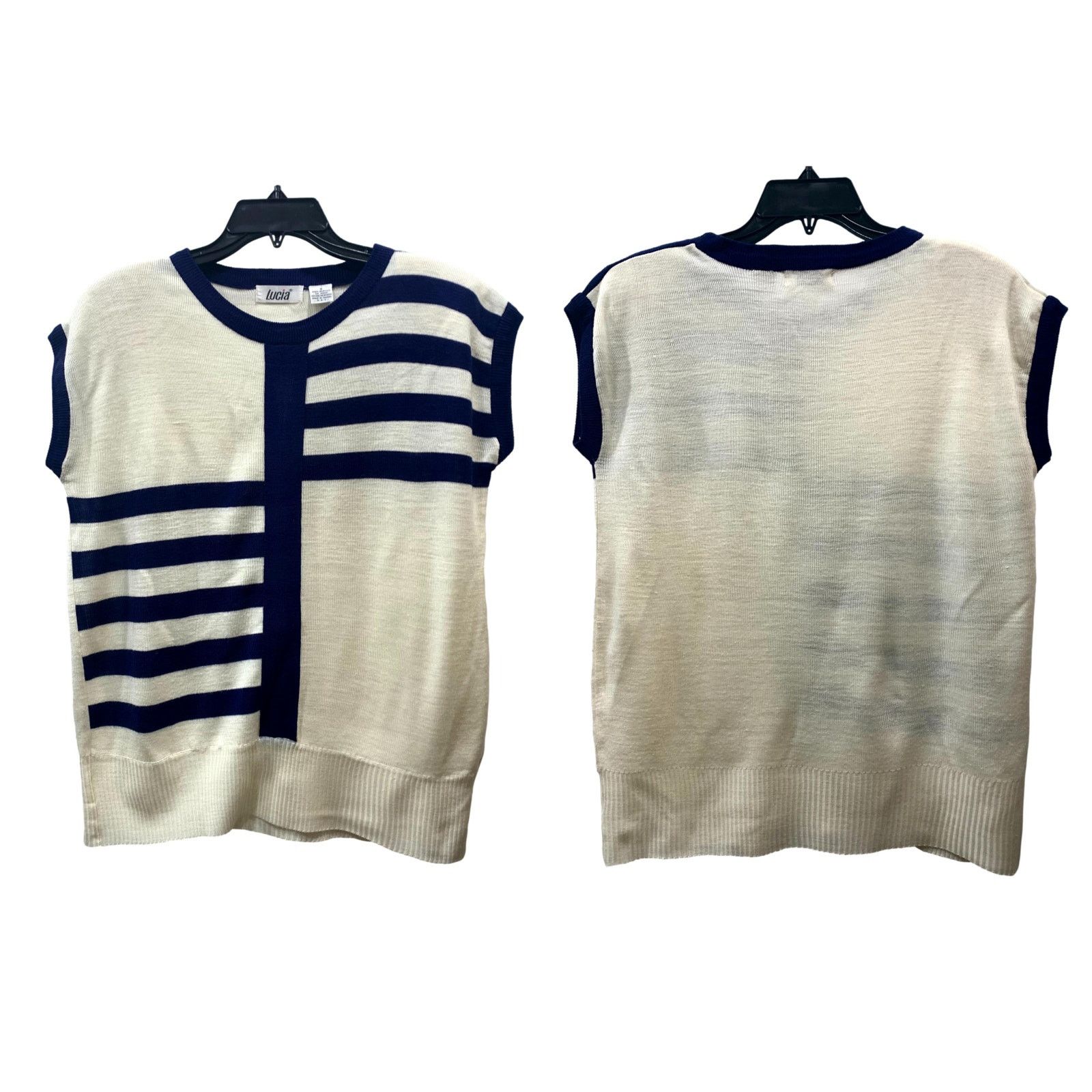 Vintage 80s Chic White & Navy Blue Sleeveless Sweater Vest Tunic | S Size S / US 4 / IT 40 - 2 Thumbnail