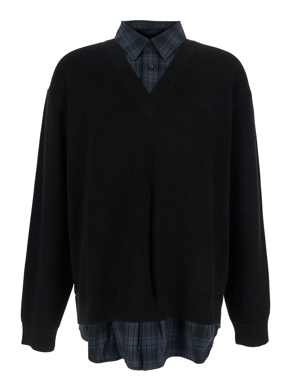 Juun.J Black Sweater with Layered Design and Classic Collar in Cotton and Wool Blend Man Size US L / EU 52-54 / 3 - 1 Thumbnail