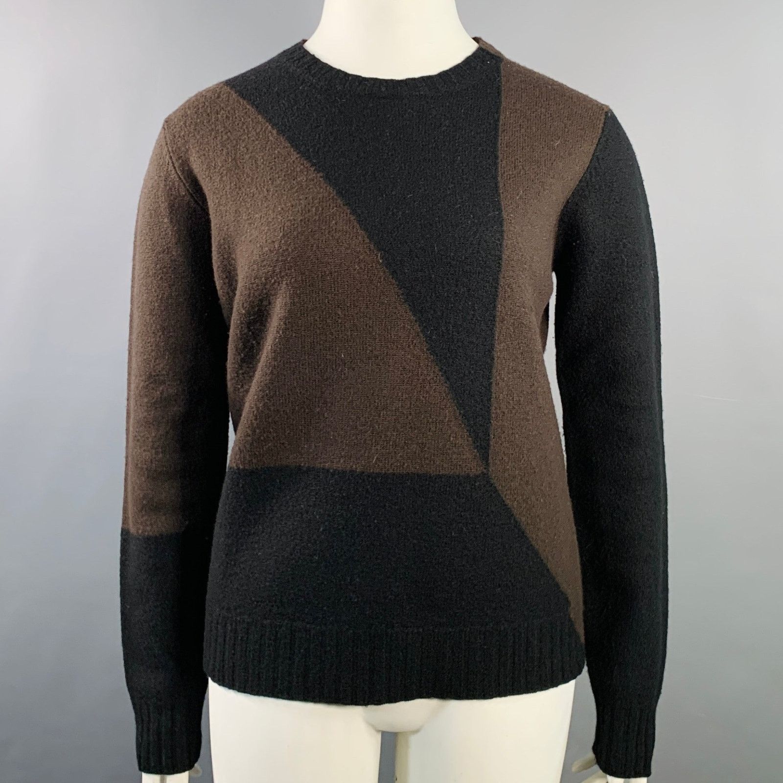 Size XL Brown Black Wool Color Block Crew Neck Sweater