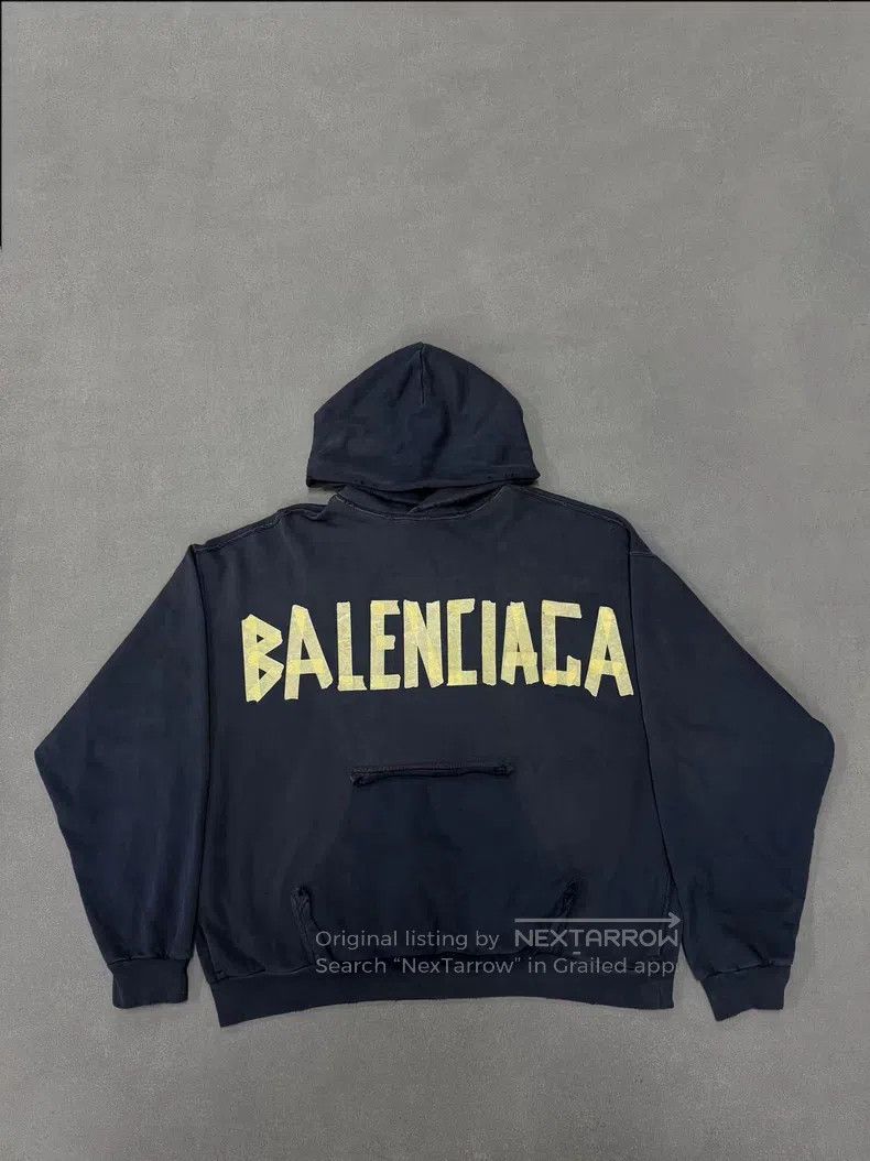 Balenciaga Balenciaga Distressed Hooded Sweatshirt with Masking Tape Size US S / EU 44-46 / 1 - 1 Thumbnail