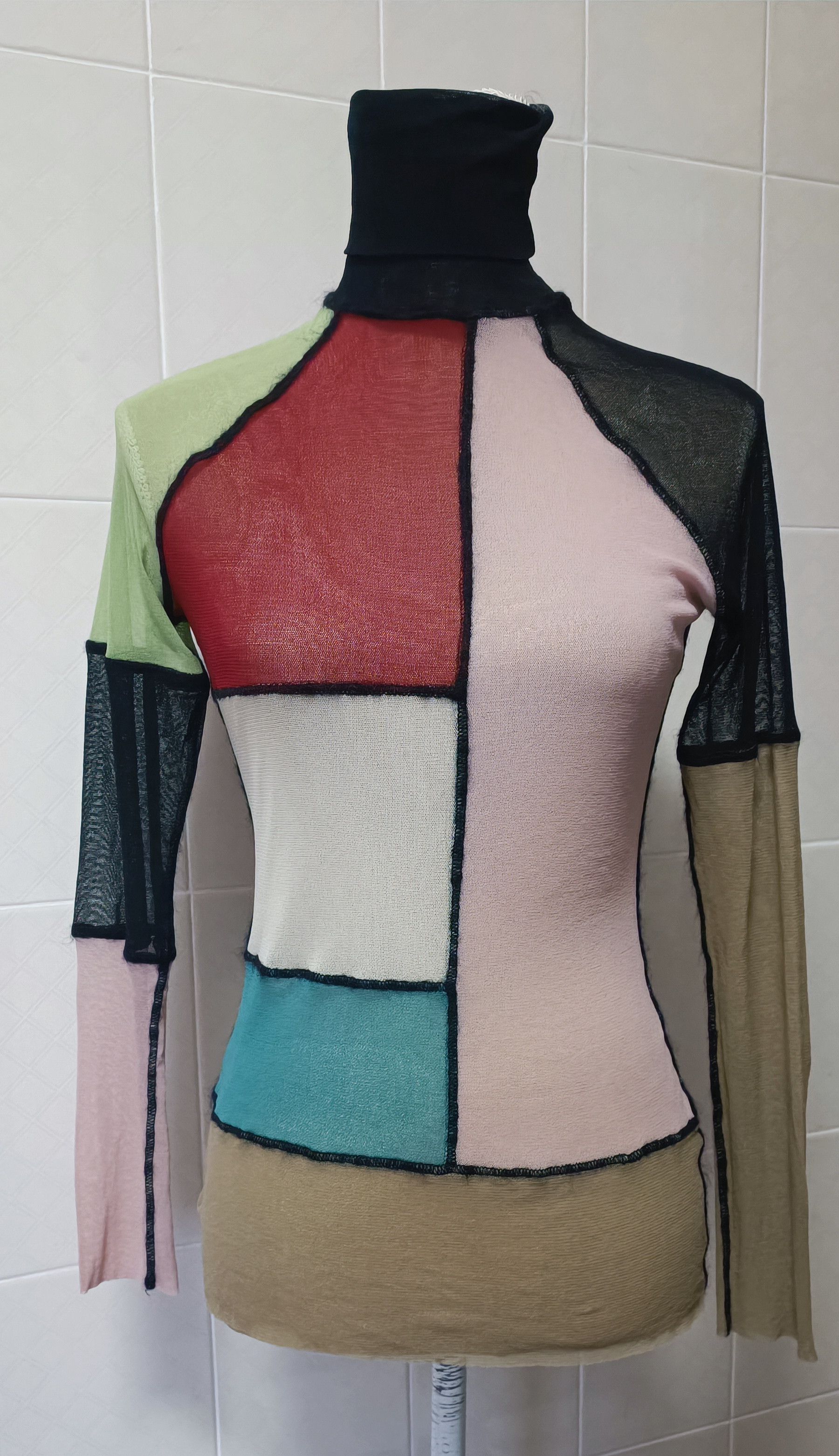 90's - color block turtleneck mesh top