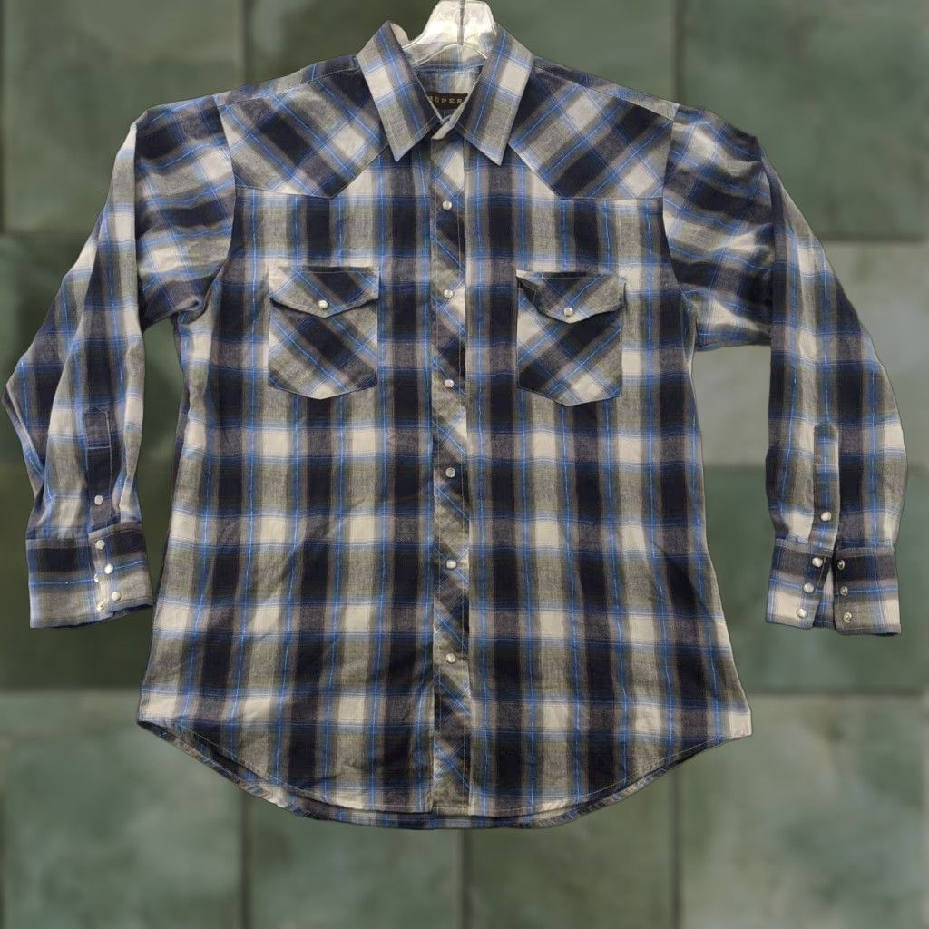 Roper Roper Mens Western Shirt Extra Large XL Blue Plaid Long Sleeve Size US XL / EU 56 / 4 - 1 Thumbnail