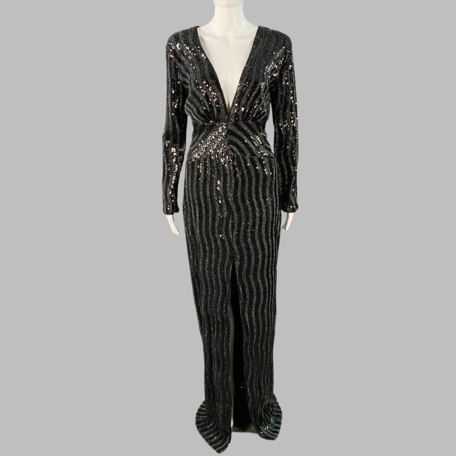 John Richmond Size M Black Silver Polyester Sequined V-Neck Evening Gown Size M / US 6-8 / IT 42-44 - 1 Thumbnail