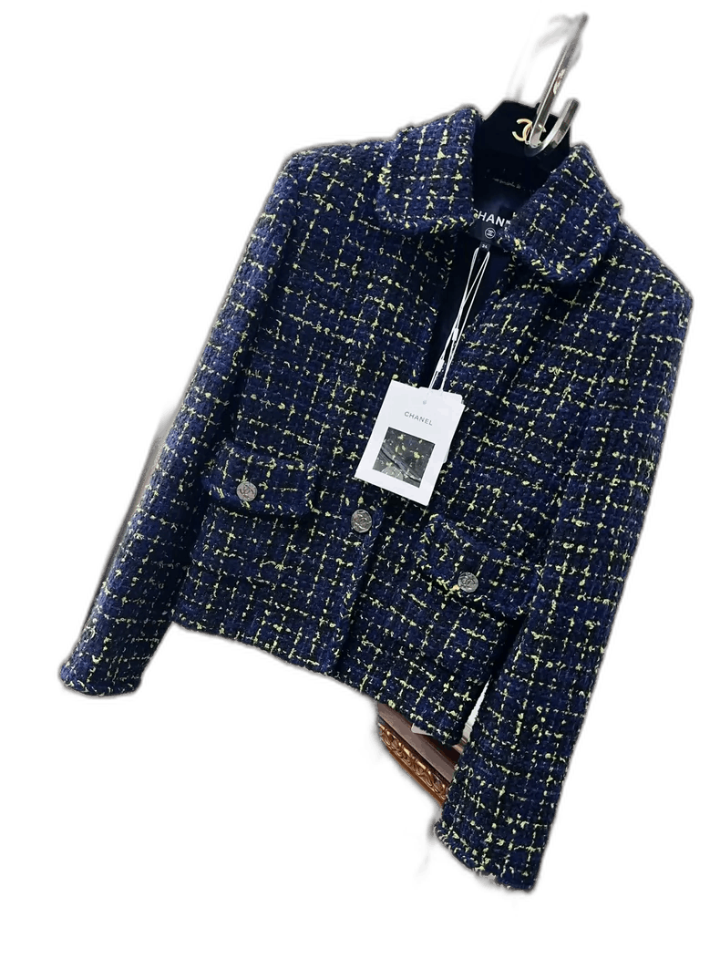 Chanel Blue Yellow Check Tweed Jacket