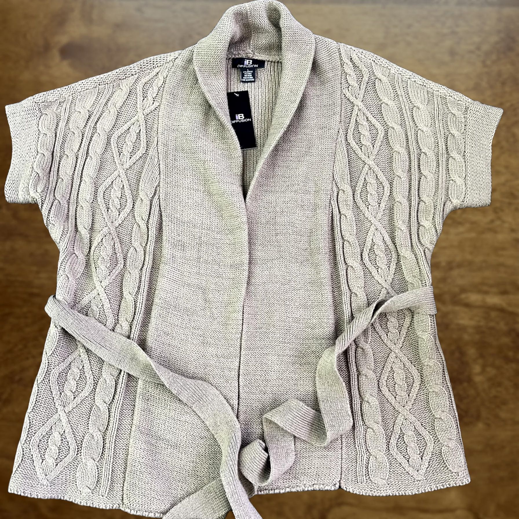 Vintage IB Diffusion Cardigan Sweater Womens Large Beige Cable Knit Belted Shawl Collar Size L / US 10 / IT 46 - 1 Thumbnail
