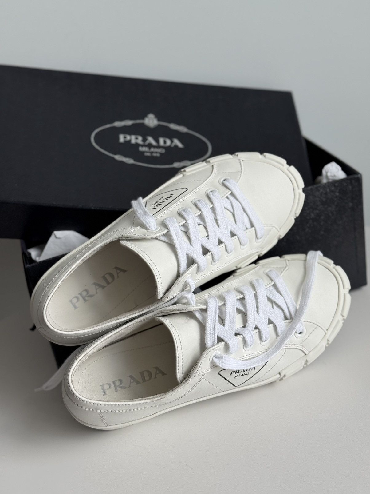 Prada Prada Cassetta Triangle Logo Low Top Sneakers White Leather Size US 11 / IT 41 - 10 Thumbnail