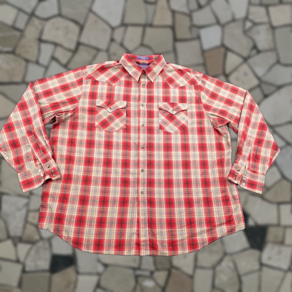 Pendleton Shirt Mens 2XL Red Tan Plaid Frontier Western Pearl Snap Cowboy Rodeo