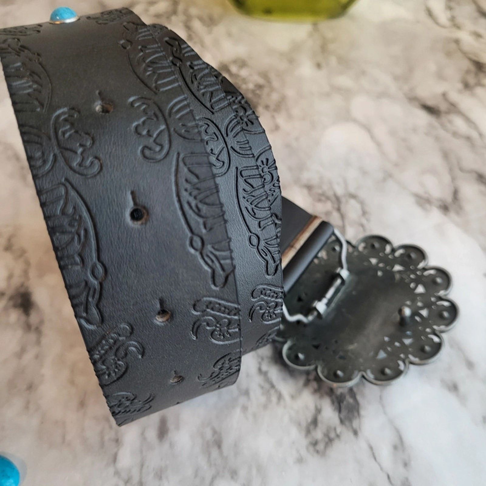 Other Black and Blue Floral Buckle Vegan Leather Belt 44 inches Size ONE SIZE - 4 Thumbnail