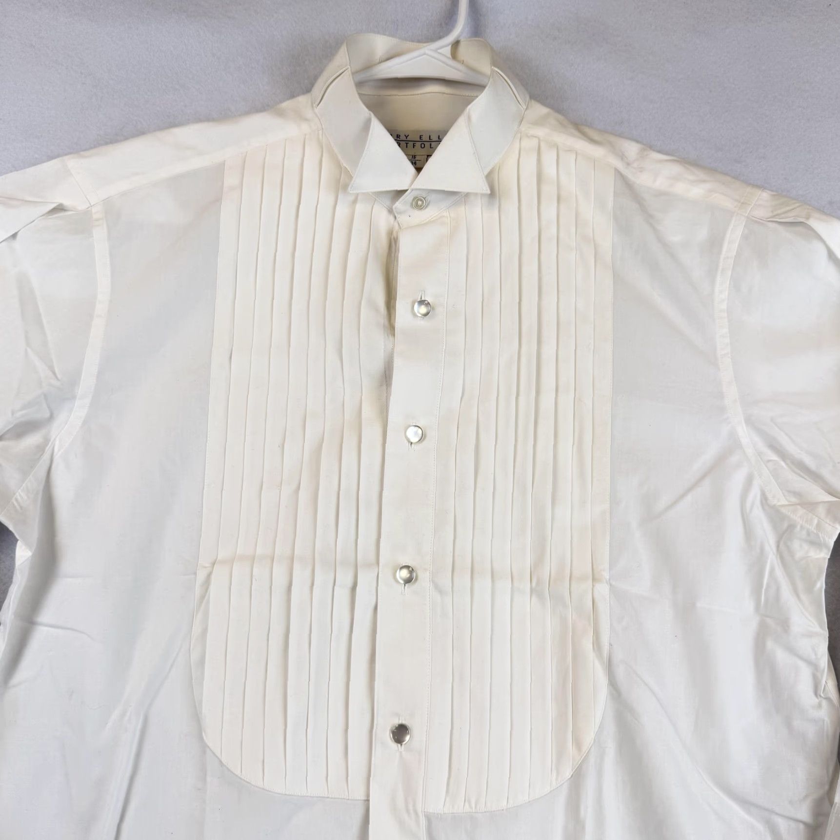 Perry Ellis Perry Ellis Portfolio Dress Shirt Mens 15 White Pleated Wing Collar Tuxedo Formal Bib Ivory 15 in Neck Long Sleeve Boss Barrel Cuff Size 40R - 3 Thumbnail