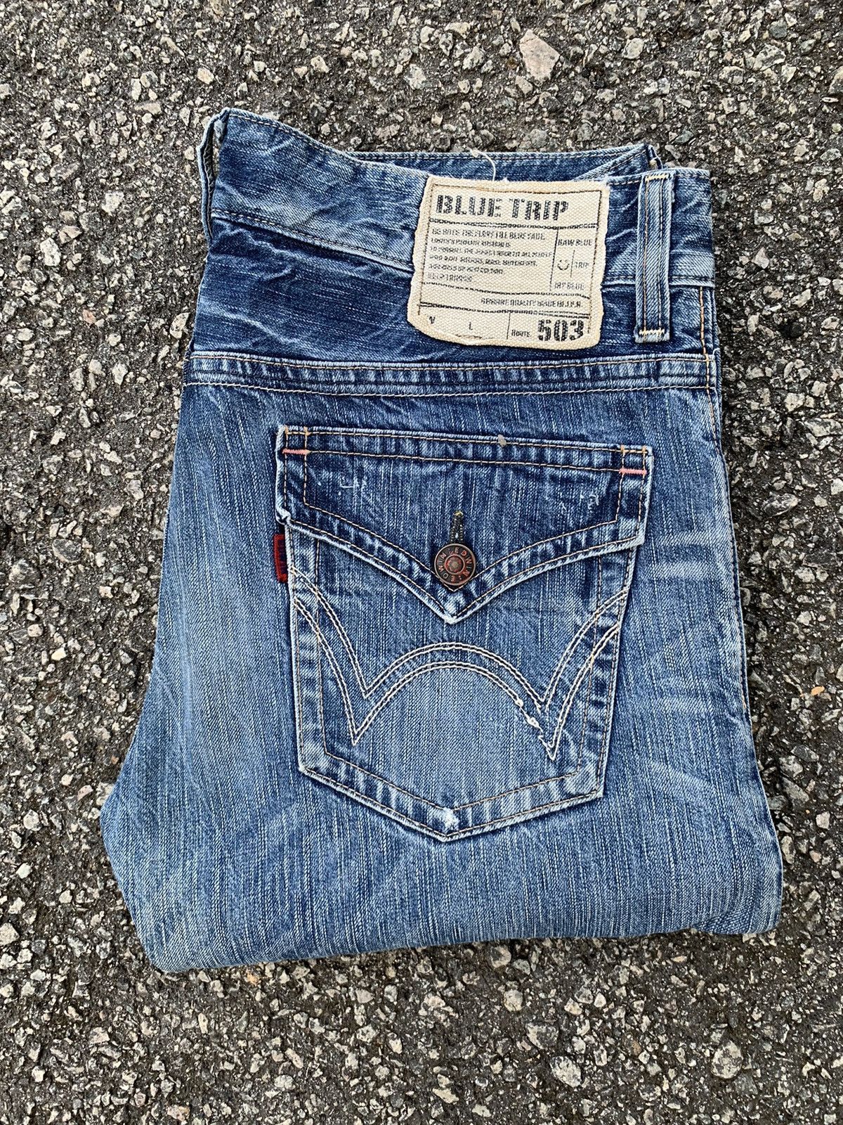 Japanese Brand FLARE💥EDWIN 503 FADED & RUSTY DISTRESSED DENIM Size US 35 - 9 Thumbnail