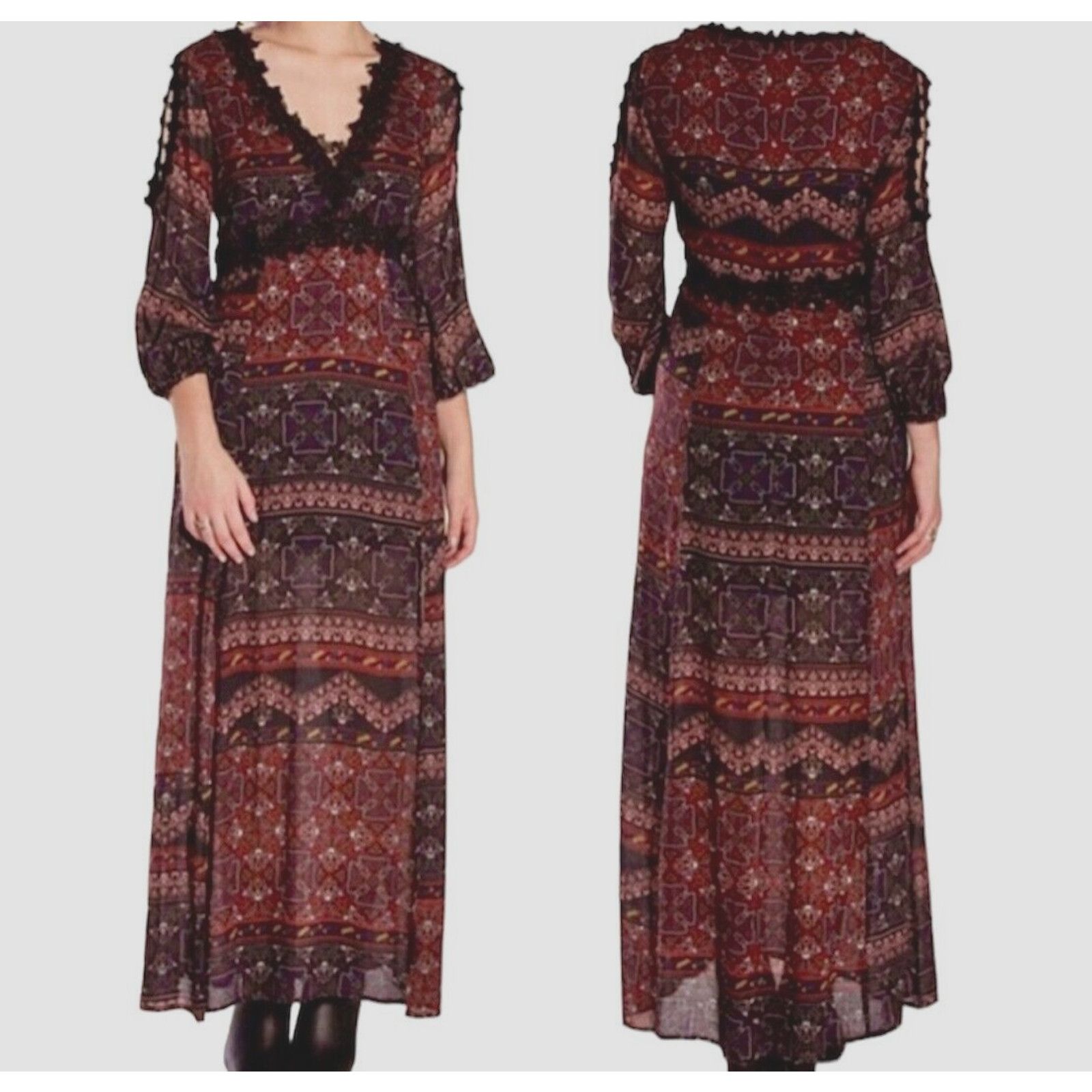 Other Line & Dot Black Rust Aztec Lace Slit Maxi Cold Shoulder M Size M / US 6-8 / IT 42-44 - 3 Thumbnail