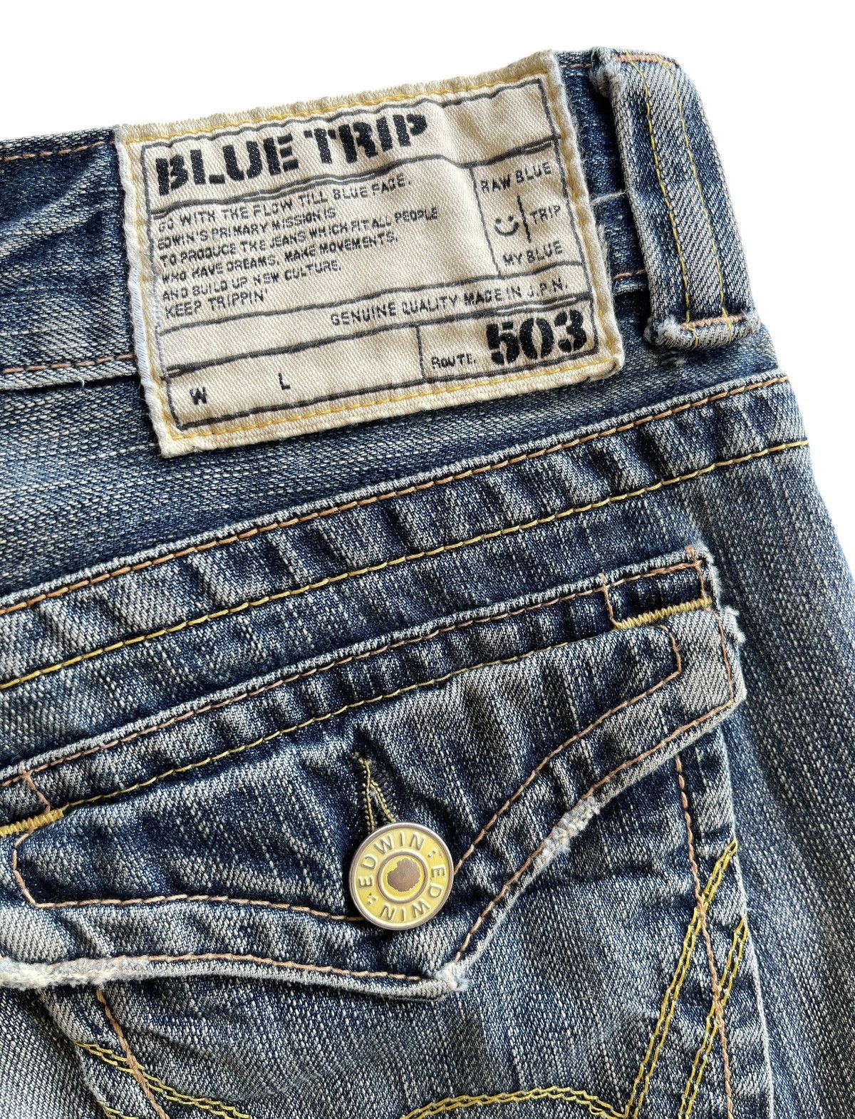 Japanese Brand Vintage Edwin 504 Blue Trip Flare Distressed Denim Size US 32 / EU 48 - 12 Thumbnail