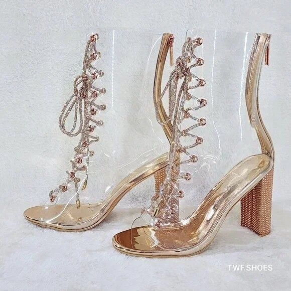 Other See Me Rose Gold Rhinestone Laces Heels Clear Upper Open Toe Size US 6 / IT 36 - 2 Thumbnail