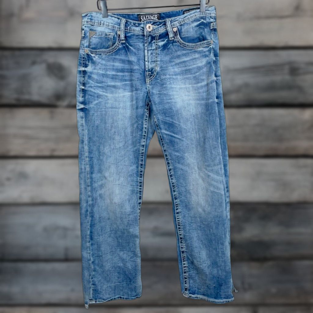 Vintage Buckle Salvage Mayhem Bootcut Jeans Men's 33S (Actual 34 x 29.5) Blue Low Rise Buckle Size US 33 - 1 Thumbnail