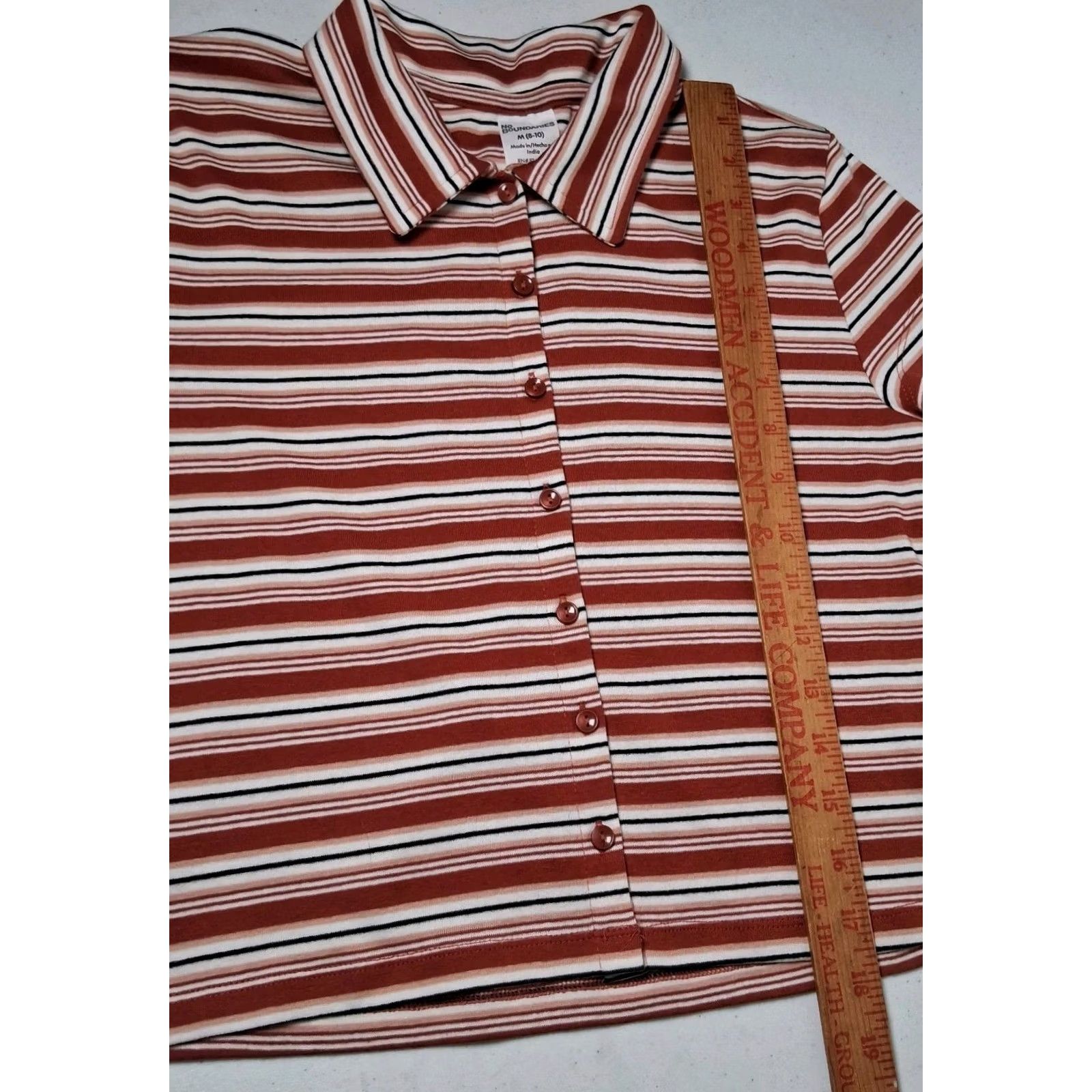 Vintage No Boundaries Juniors M Brown Stripe Polo Cropped Shirt Button Front NEW Size M / US 6-8 / IT 42-44 - 7 Thumbnail