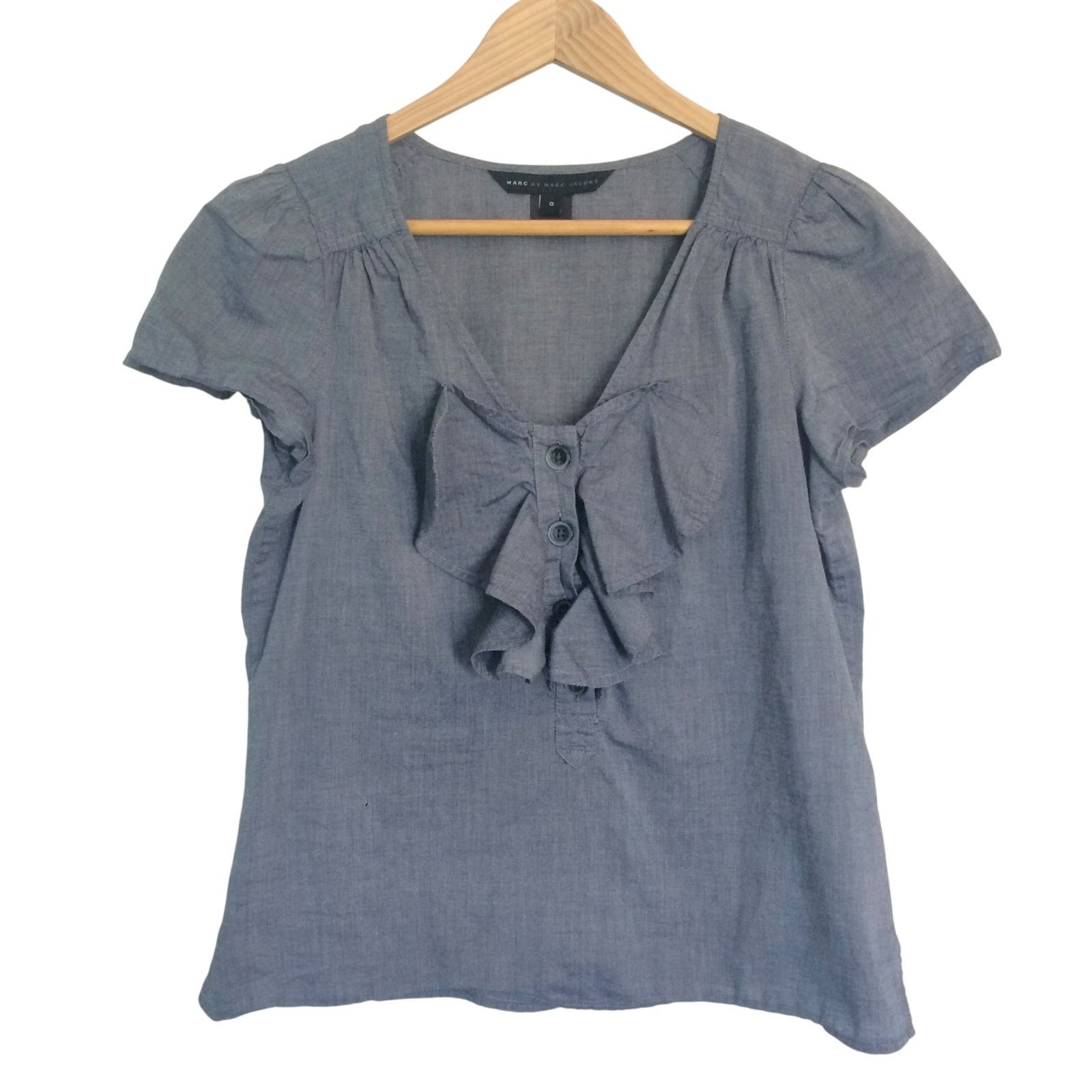 Marc by Marc Jacobs Marc by Marc Jacobs Blue Chambray Ruffle Jabot Blouse Top Size XS / US 0-2 / IT 36-38 - 2 Thumbnail