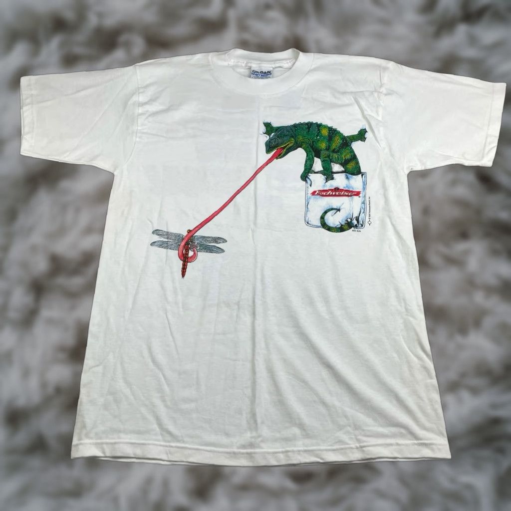 Gildan VINTAGE Budweiser We Could've Been Huge! Frogs Iguana T-Shirt White Medium Mens Graphic Tee 1990s 90s Logo Double-Sided Size US M / EU 48-50 / 2 - 1 Thumbnail