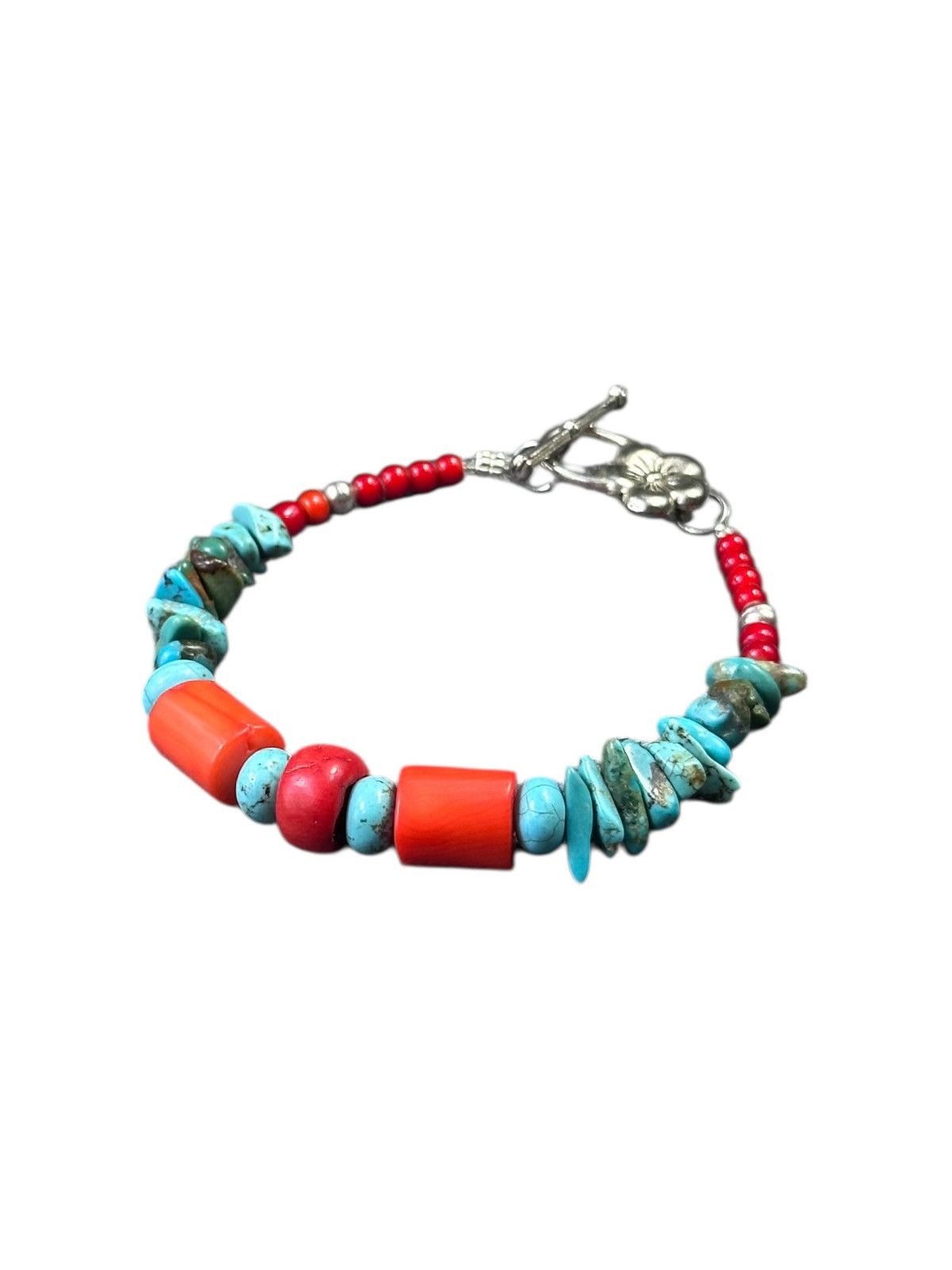 Vintage CORAL AND TURQUOISE WITH SILVER BEADS AND SAKURA BRACELET Size ONE SIZE - 4 Thumbnail