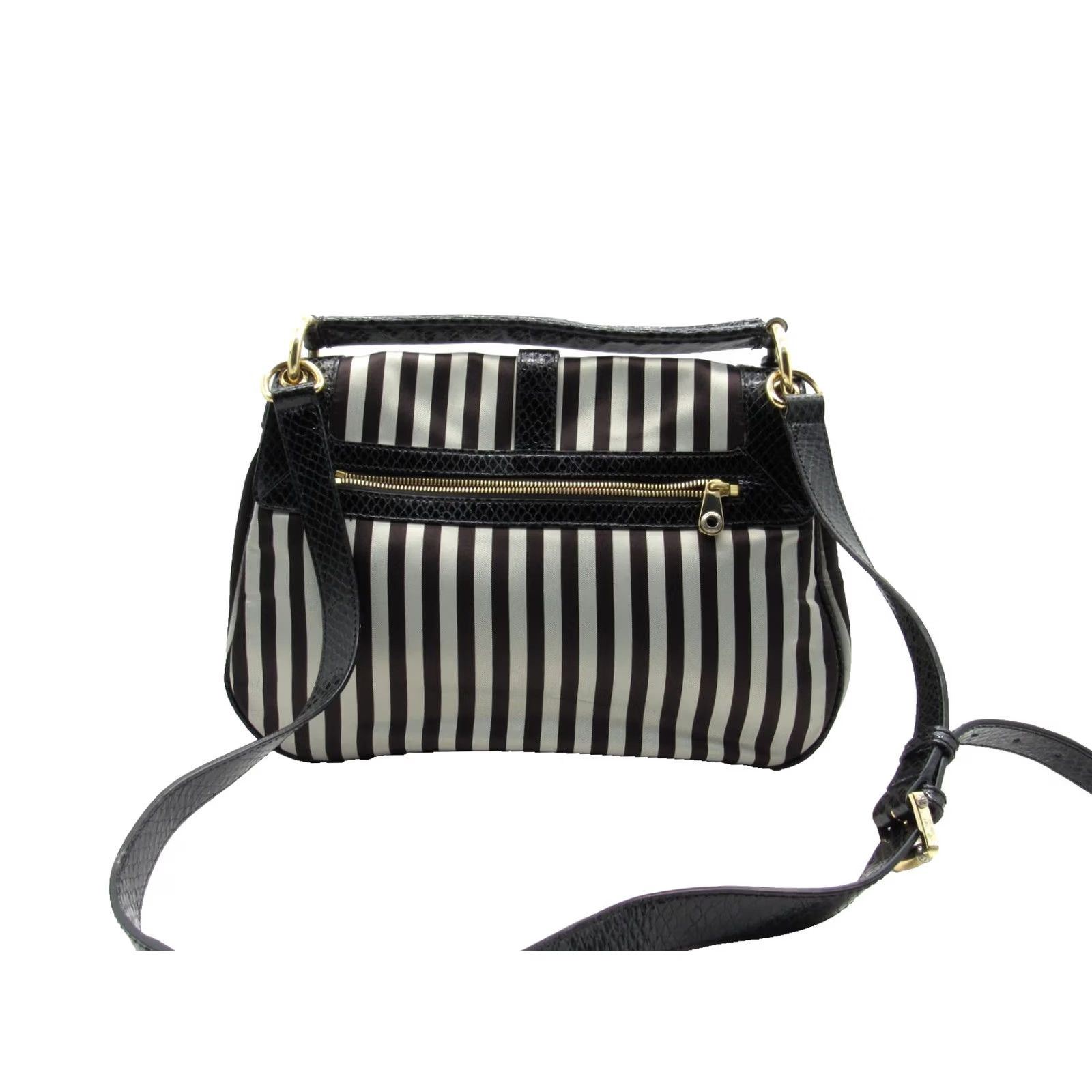 Henri Bendel HENRI BENDEL Luxury Crossbody Handbag Hobo Striped Black Grey Canvas Leather Gold Authentic Womens Size ONE SIZE - 6 Thumbnail