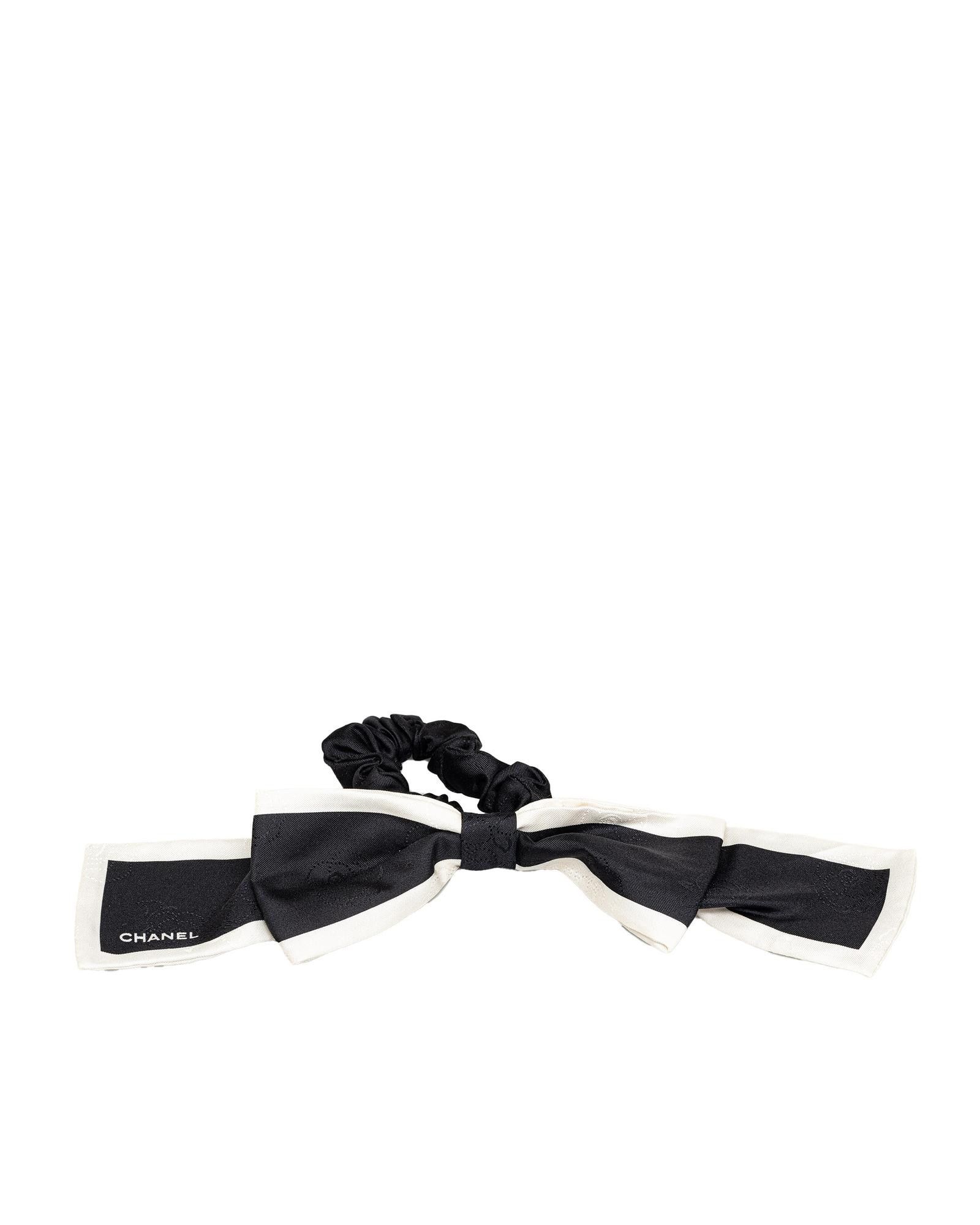 image of Chanel Silk Woven Bow Scrunchie in Black, Women's