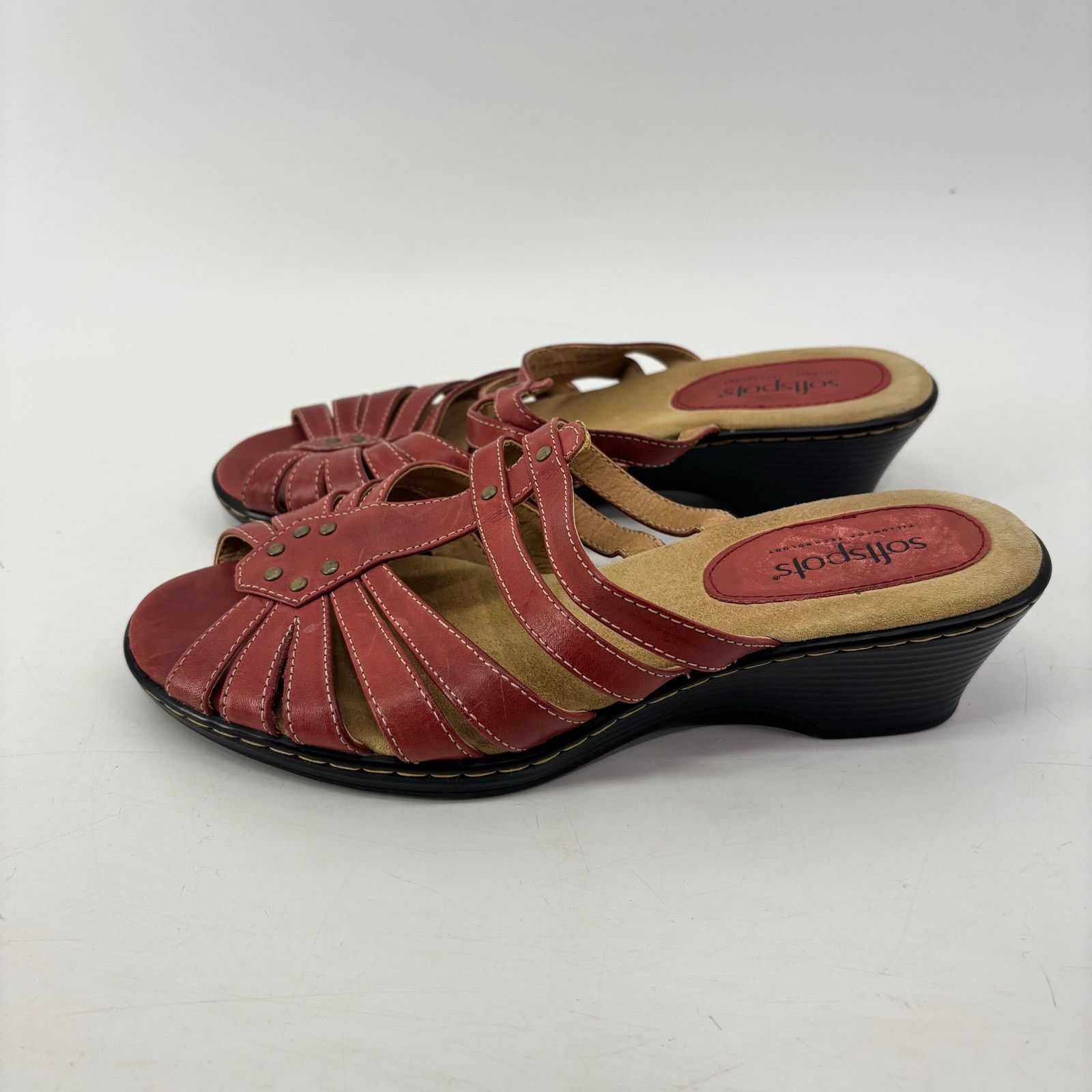 Vintage Softspots Leather Red Size 7.5 Womens Sandals Slip On Wedge Size ONE SIZE - 12 Thumbnail