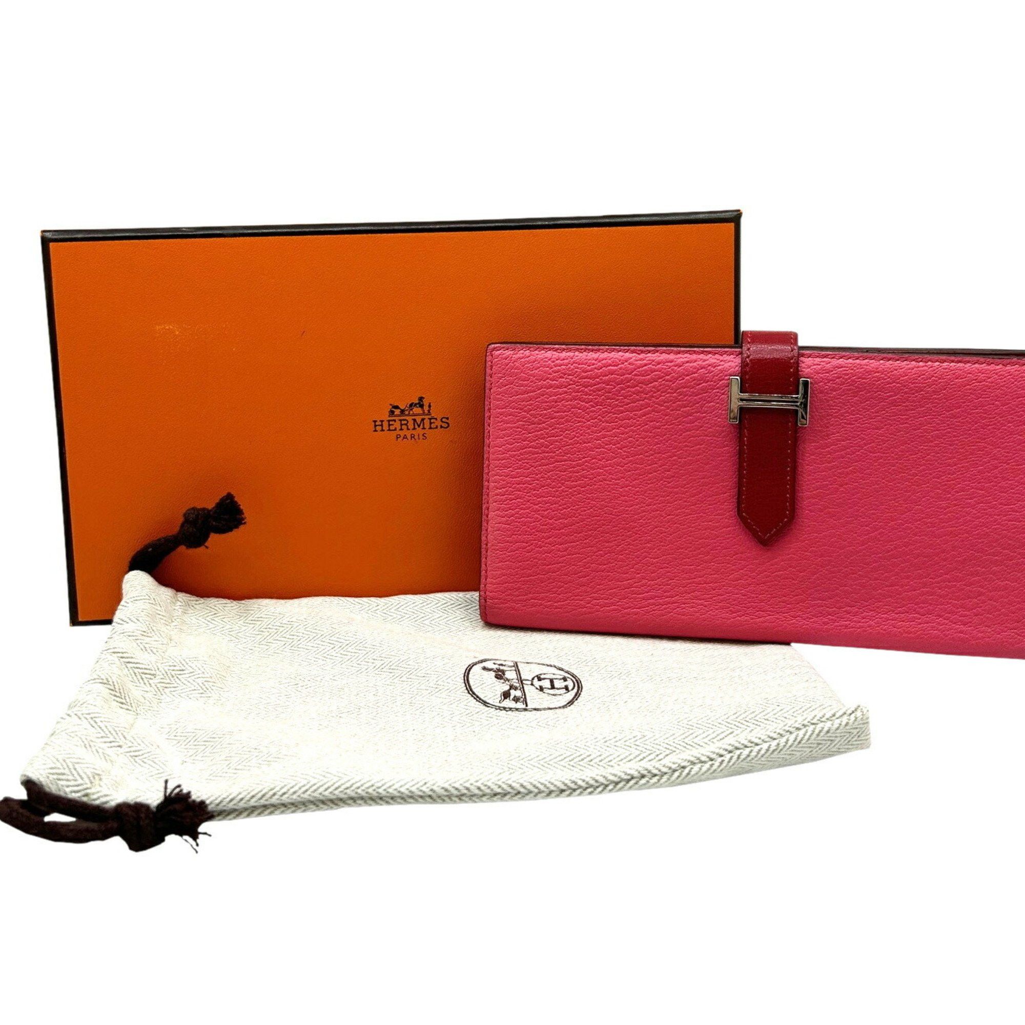 Hermes Hermes Long Wallet Bearn Soufflet Verso Chevre Rose Lipstick Rouge Garance Q□ Engraved 2013 Bicolor Women's Men's Size ONE SIZE - 1 Thumbnail