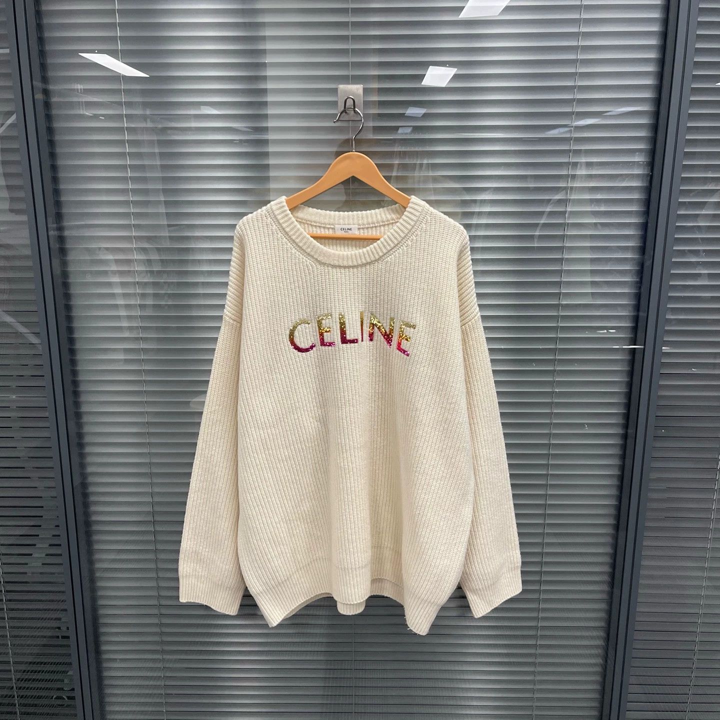 Celine Celine cream beaded big logo wool sweater L Size L / US 10 / IT 46 - 1 Thumbnail