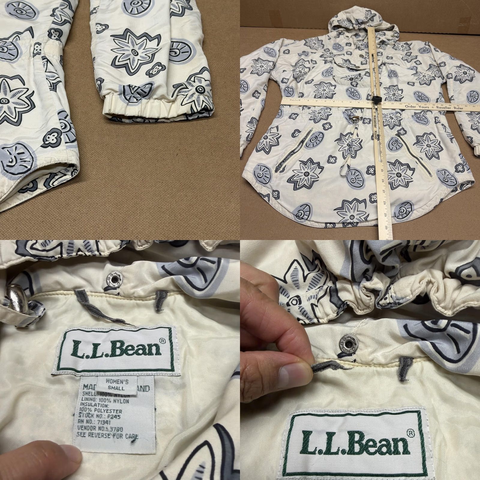 Vintage LL Bean Jacket Womens Small White Floral Print Hooded Anorak Insulated Nylon Size S / US 4 / IT 40 - 8 Thumbnail