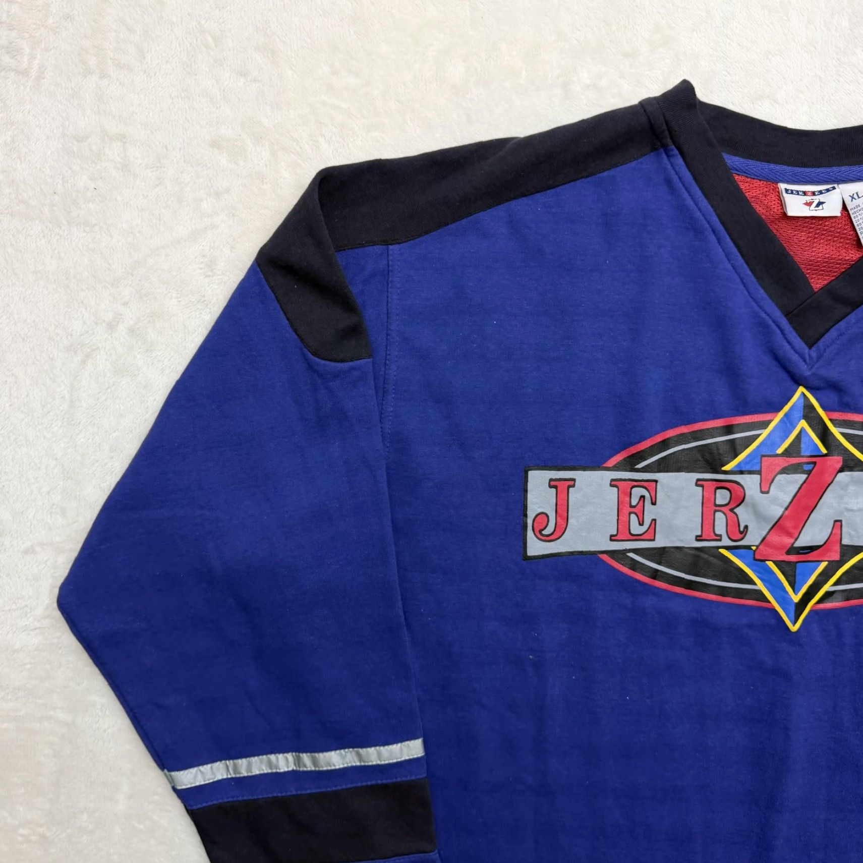 Jerzees VINTAGE Jerzees Shirt Mens XL Blue Long Sleeve V-Neck Hockey Jersey Graphic Logo Size US XL / EU 56 / 4 - 5 Thumbnail