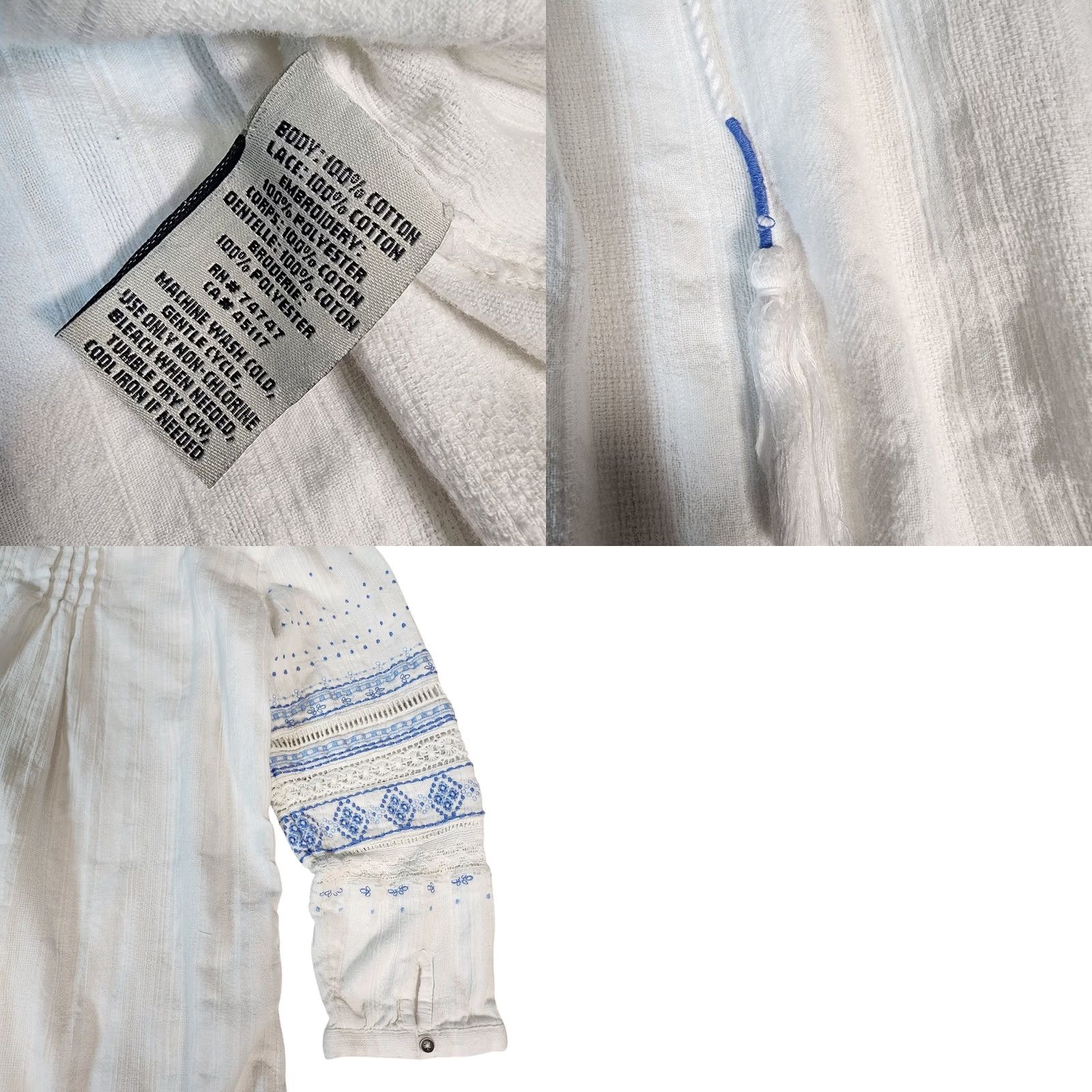 Vintage Bob Timberlake Womens XS White Blue Embroidered Cotton Gauze Peasant Blouse Size XS / US 0-2 / IT 36-38 - 8 Thumbnail