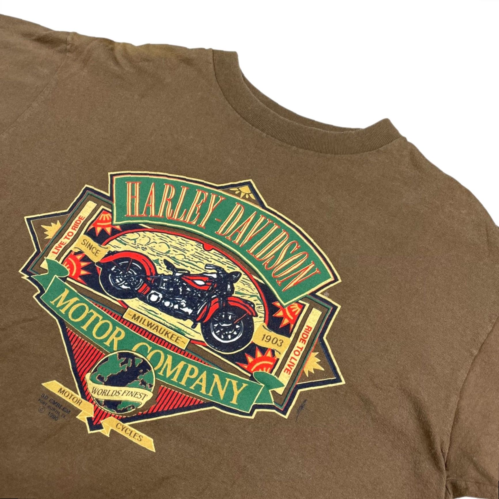 Harley Davidson VINTAGE Harley-Davidson T-Shirt 1990 3D Emblem Live To Ride Single Stitch Brown Large Mens USA 90s Biker Graphic Tee Shirt Size US L / EU 52-54 / 3 - 2 Thumbnail