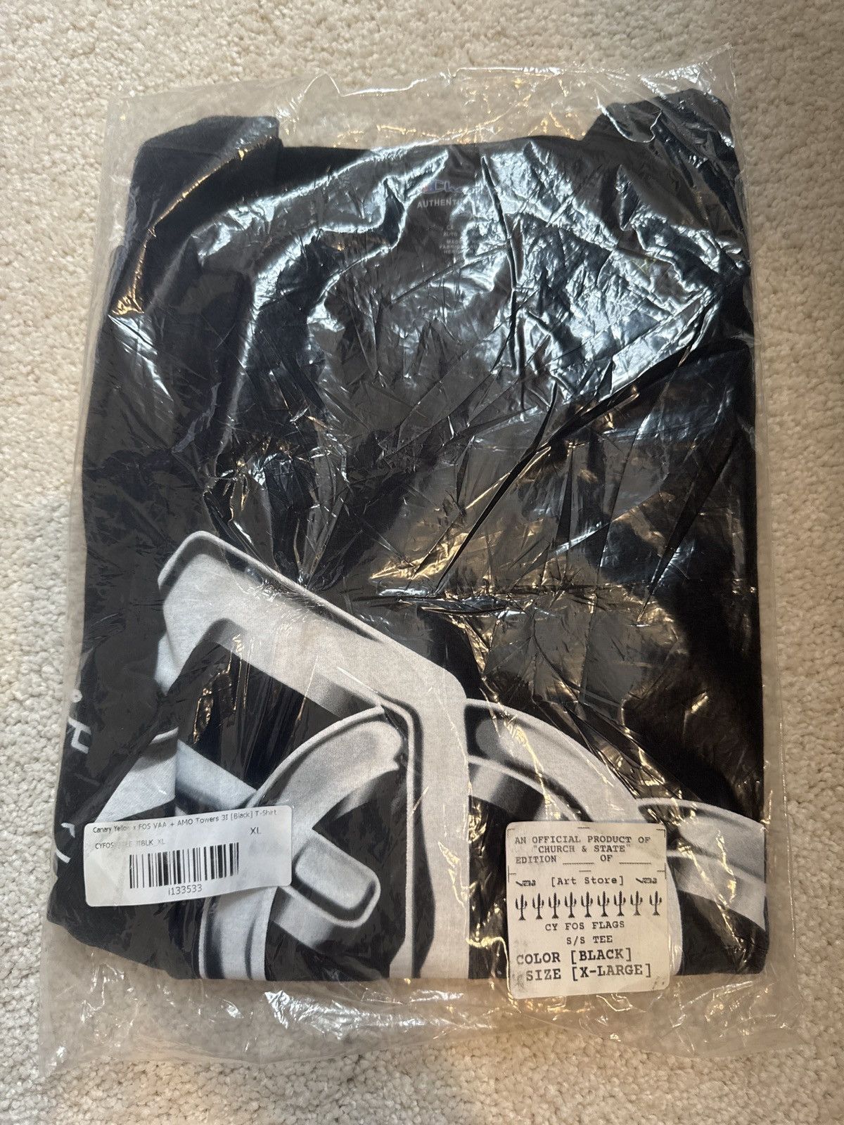 Champion × Off-White Canary Yellow FOS VAA AMO Towers Black T-Shirt Abloh XL Size US XL / EU 56 / 4 - 4 Thumbnail