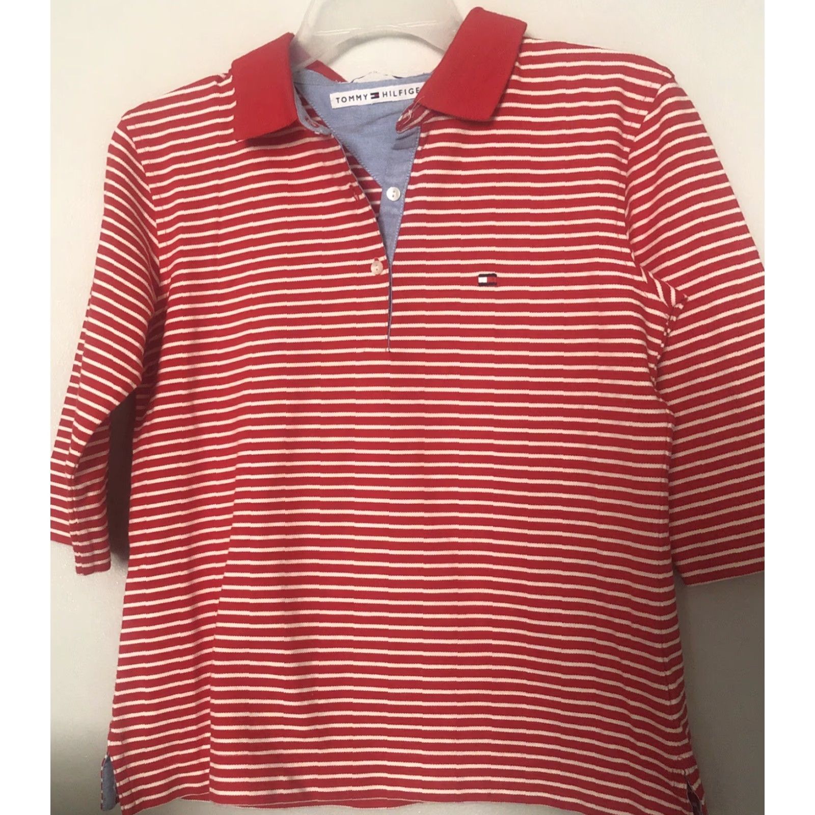 Tommy Hilfiger Tommy Hilfiger Womens M Medium Red Stripe 3/4 Sleeve Polo Shirt Casual Top Knit Button Hem Regular Womens Size M / US 6-8 / IT 42-44 - 2 Thumbnail