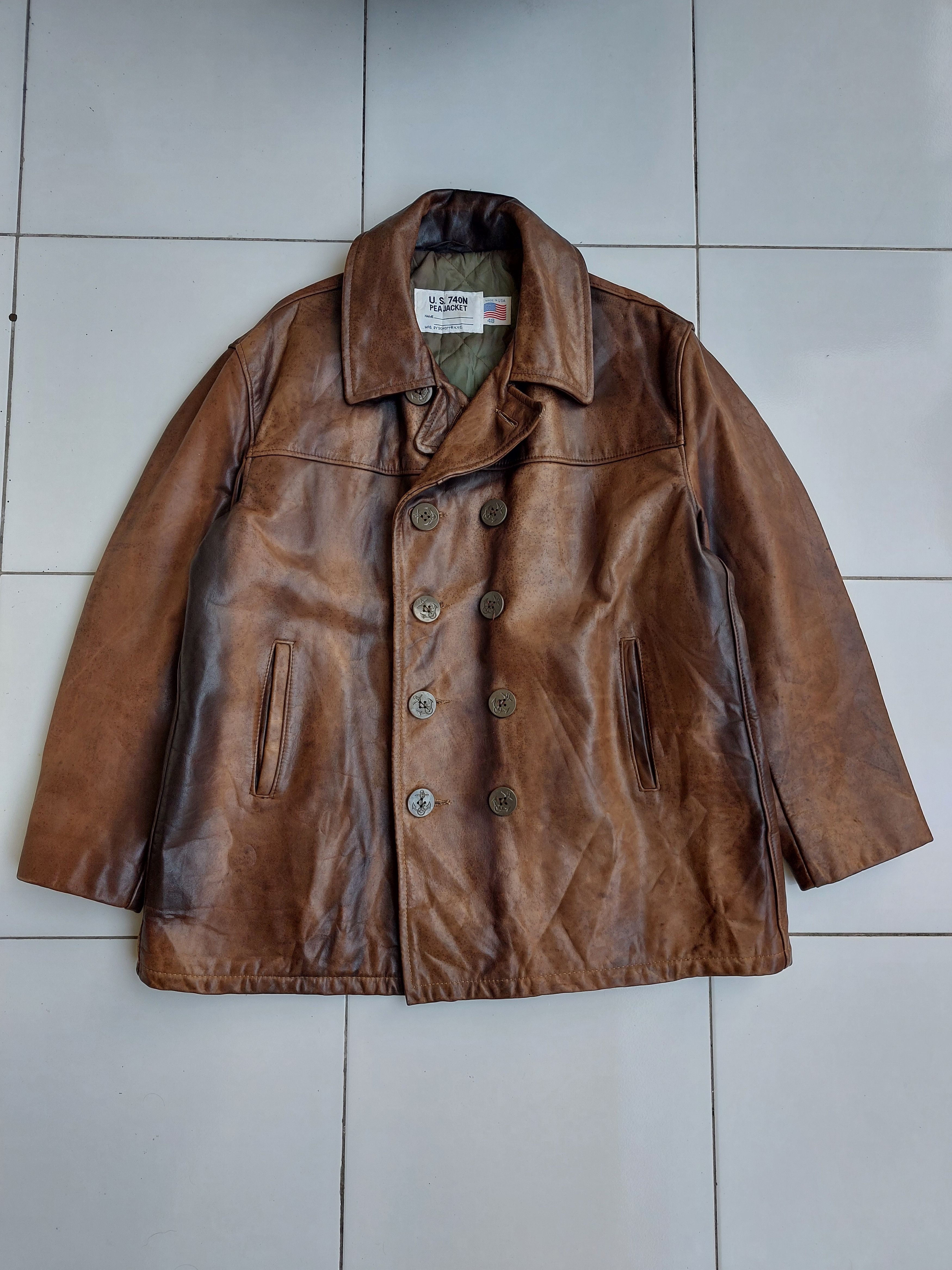 Schott SCHOTT 740N PEA COAT VINTAGE LEATHER JACKET Size US XL / EU 56 / 4 - 1 Thumbnail