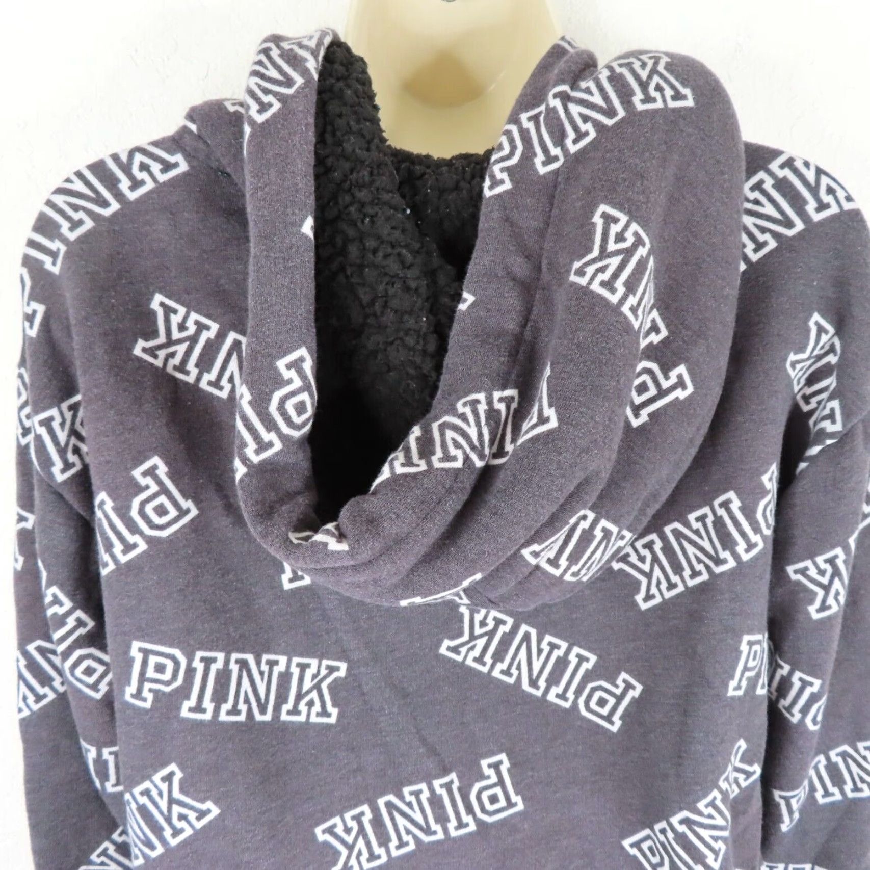 Victoria's Secret PINK Victoria's Secret Women's Small Dark Gray Logo Pullover Hoodie Sherpa Hooded Pullover Size S / US 4 / IT 40 - 6 Thumbnail