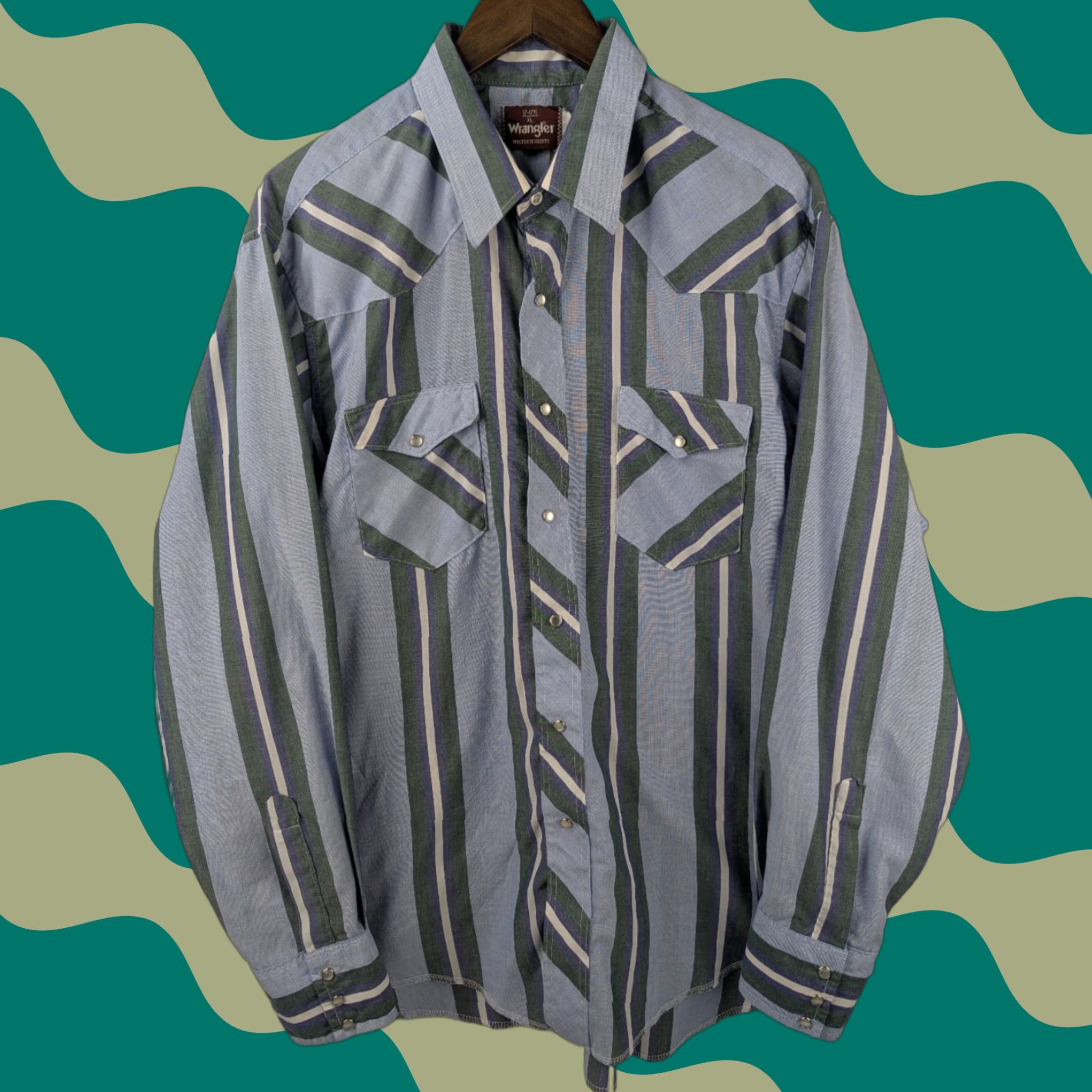 Wrangler VINTAGE Wrangler Western Pearl Snap Long Sleeve Stripe Shirt XL 17-17.5 Mens Button-Up, Blue Green, Cotton Polyester, 90s, Casual, Workwear, Travel Size US XL / EU 56 / 4 - 1 Thumbnail