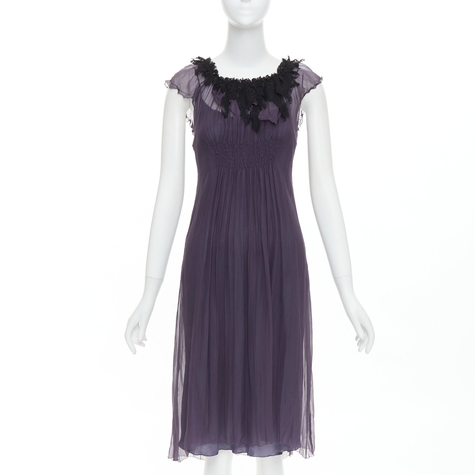 Lanvin LANVIN Vintage purple silk black lace trim ruched waist sheer dress FR38 M Size M / US 6-8 / IT 42-44 - 1 Thumbnail