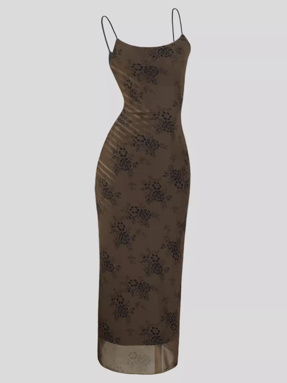 image of Vintage Quality Mesh Print Stretch Slimming Halter Dress in Brown, Women's (Size Medium)