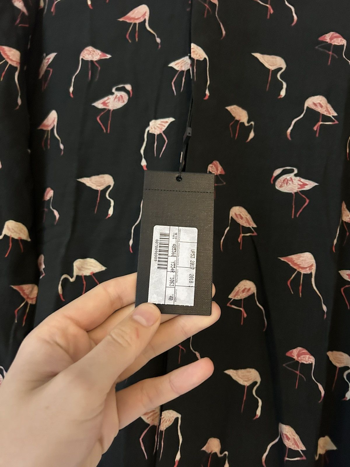 Saint Laurent Paris Saint Laurent Flamingo Print Button-Up Shirt, Black, Viscose Size US L / EU 52-54 / 3 - 13 Thumbnail