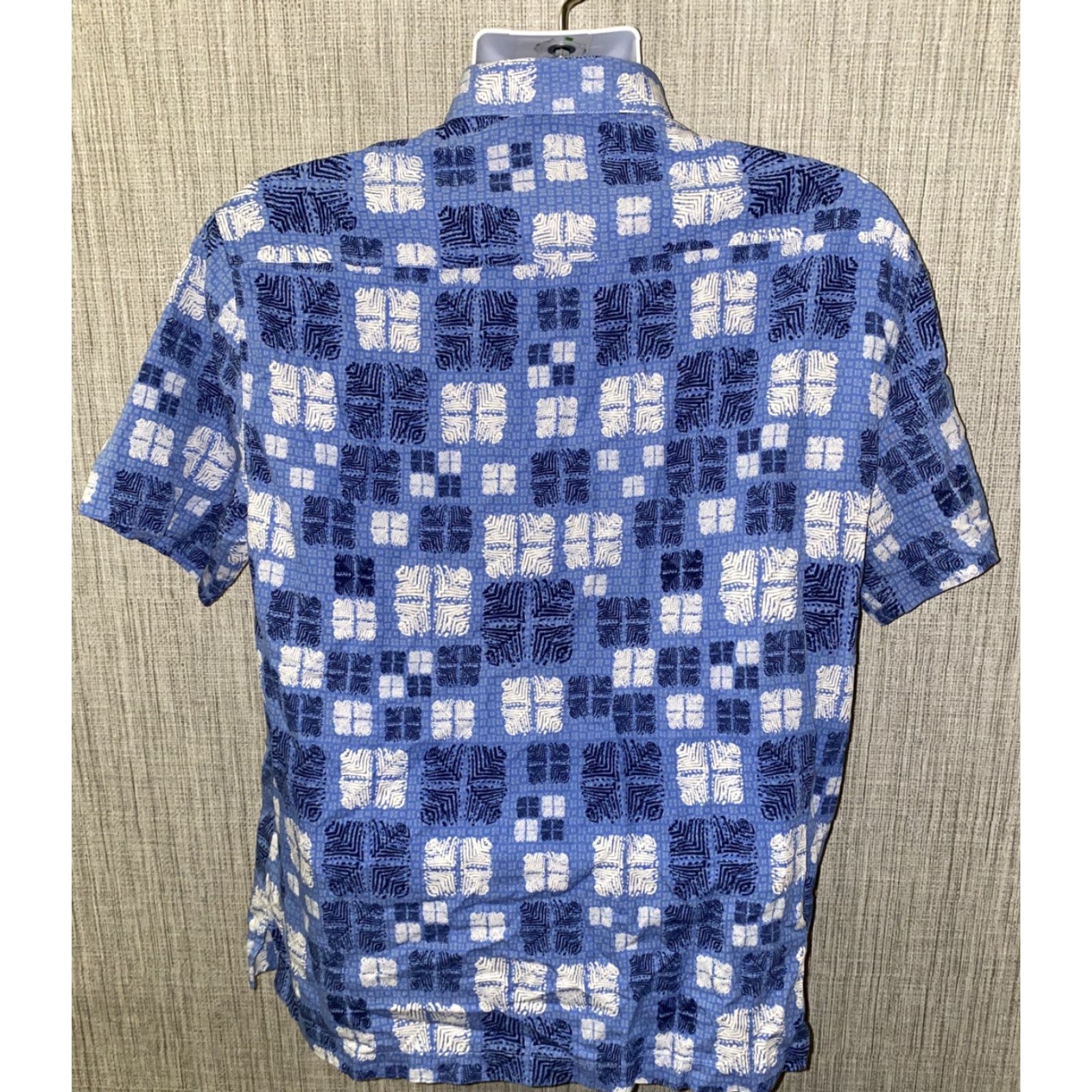 Nat Nast Nat Nast Mens Blue/White Short Sleeve Shirt L Silk/Cotton Geometric Button-Up Collared Regular Modern Colorful Shirt Size US L / EU 52-54 / 3 - 5 Thumbnail