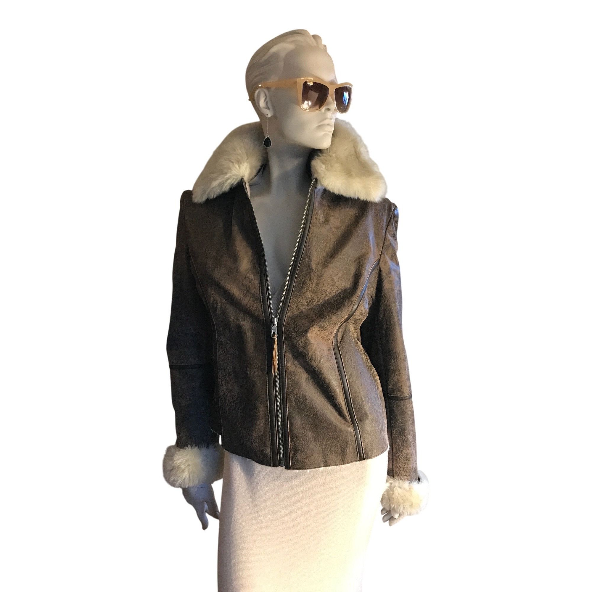 Designer Express Brown Distressed Leather Faux Fur Bomber Jacket Size XL / US 12-14 / IT 48-50 - 1 Thumbnail
