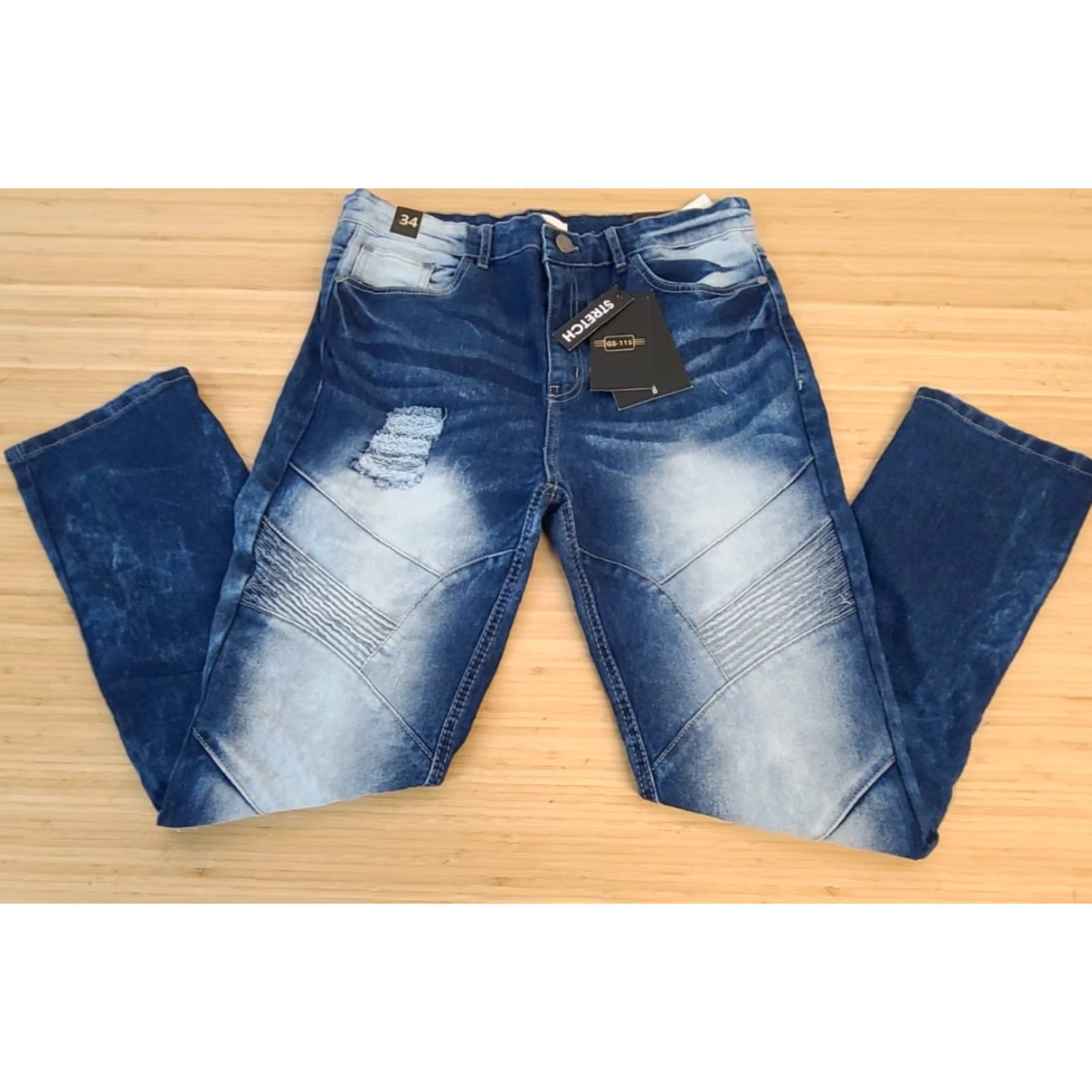 Denime GS-115 Premium Denim Jeans Pants Mens Size 34 X 30 Stretch Blue Distressed Straight Jeans Mens 34x30 Blue Distressed Embroidered Pockets Cotton Denim Size US 34 / EU 50 - 2 Thumbnail