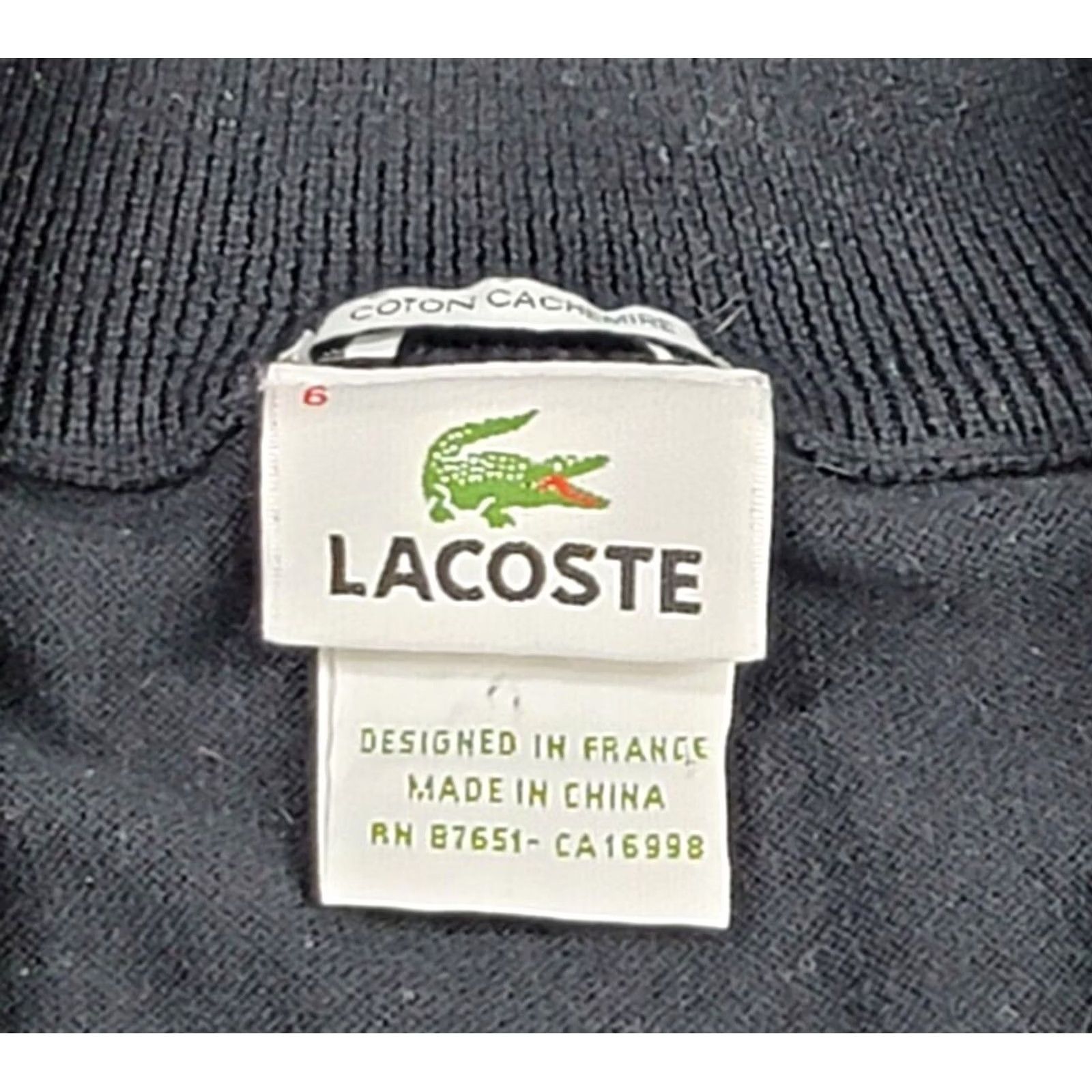 Lacoste Sweater Black 1/4 Zip Sz 6 Us 1XL Cashmere Cotton Blend Soft Tight Knit Mens, Men's — image 6 of 6