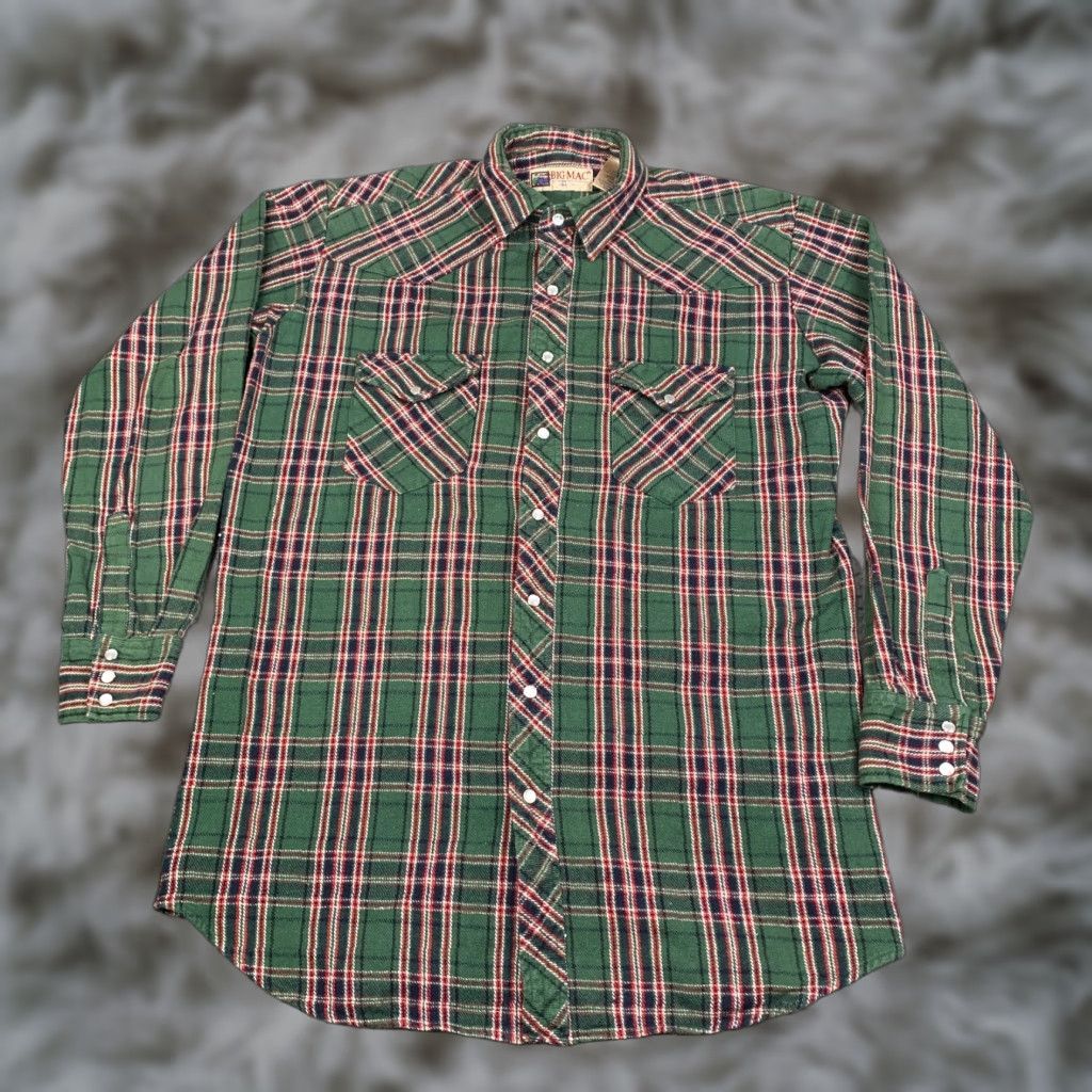 VINTAGE Big Mac Workwear Pearl Snap Mens Flannel Shirt LXT Green Plaid Western Shirt
