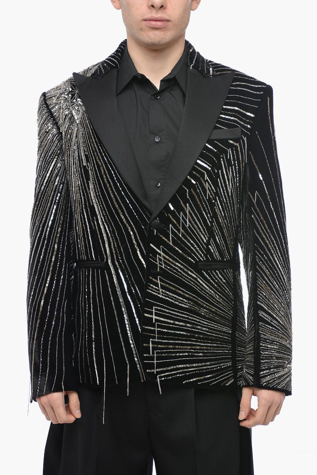 image of Amiri Og1Mm0424 Velvet Beaded Tuxedo Jacket In Black, Men's (Size Medium)