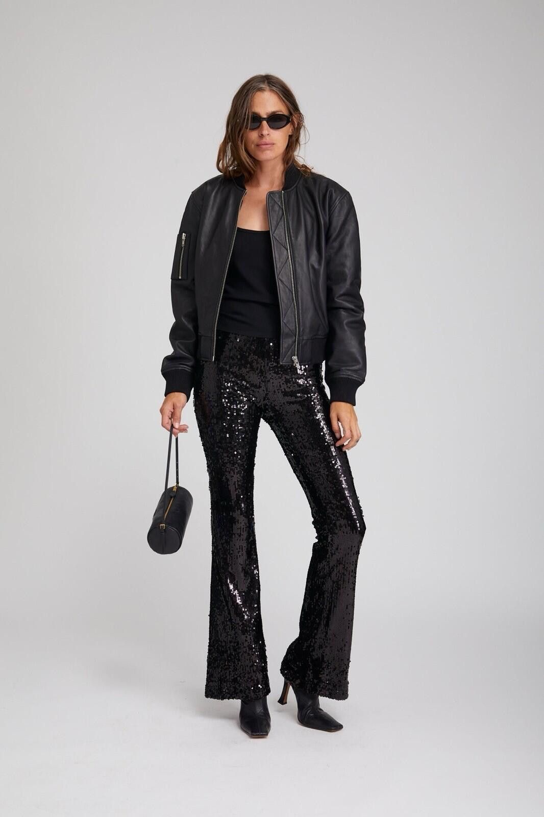 The Unbranded Brand Black Sequin Flare Pants Stretch High Rise Glam Womens Sz L Size 36" / US 14 / IT 50 - 1 Thumbnail