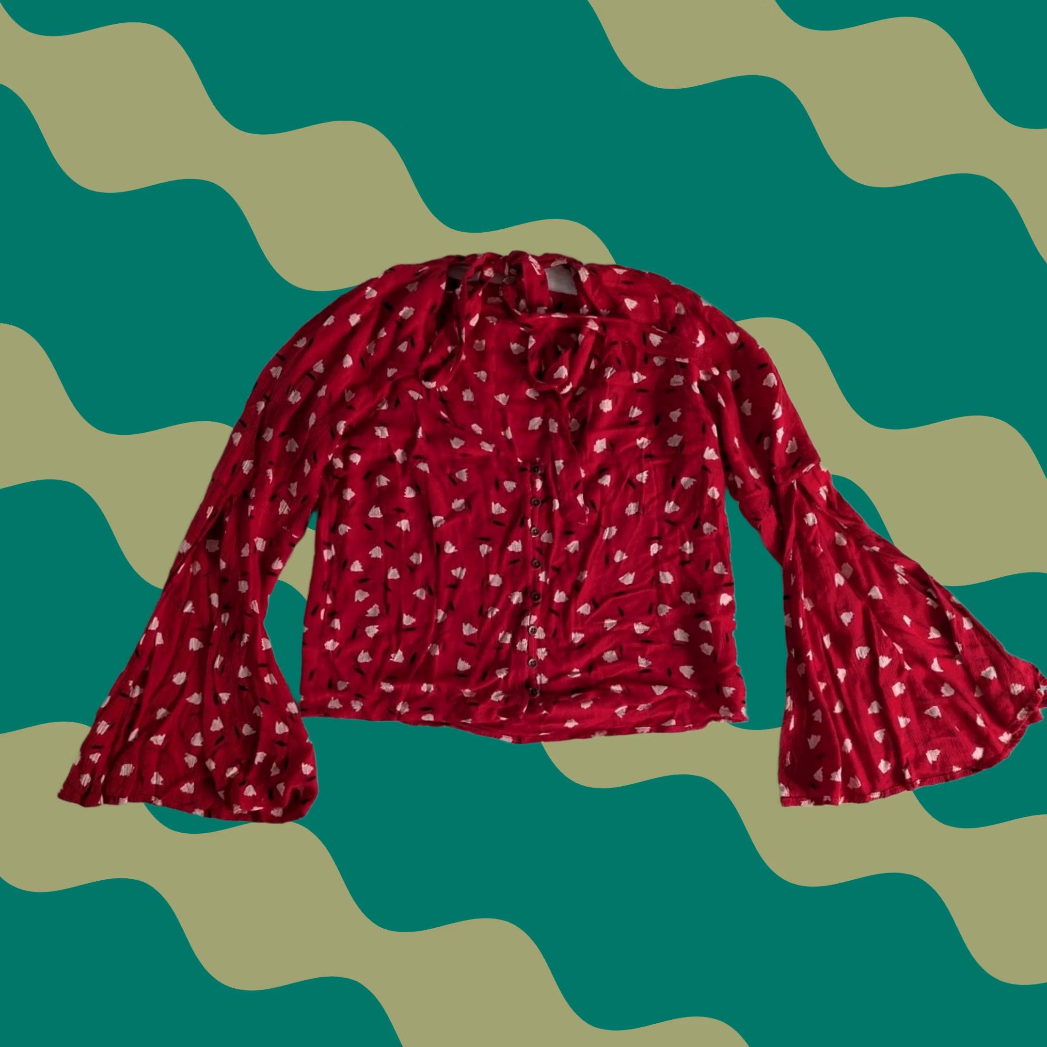 Billabong Billabong Red & White Mini Floral Bell Sleeve Blouse Med Button Up Tie Neck Size M / US 6-8 / IT 42-44 - 1 Thumbnail