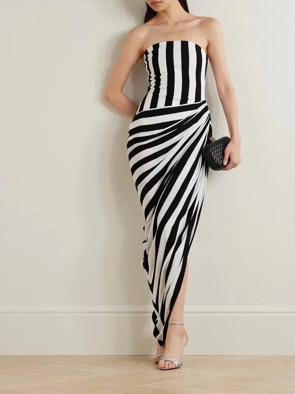 Balmain o1s1wg110725 Draped Striped Jersey Gown in Black/White Size S / US 4 / IT 40 - 2 Thumbnail