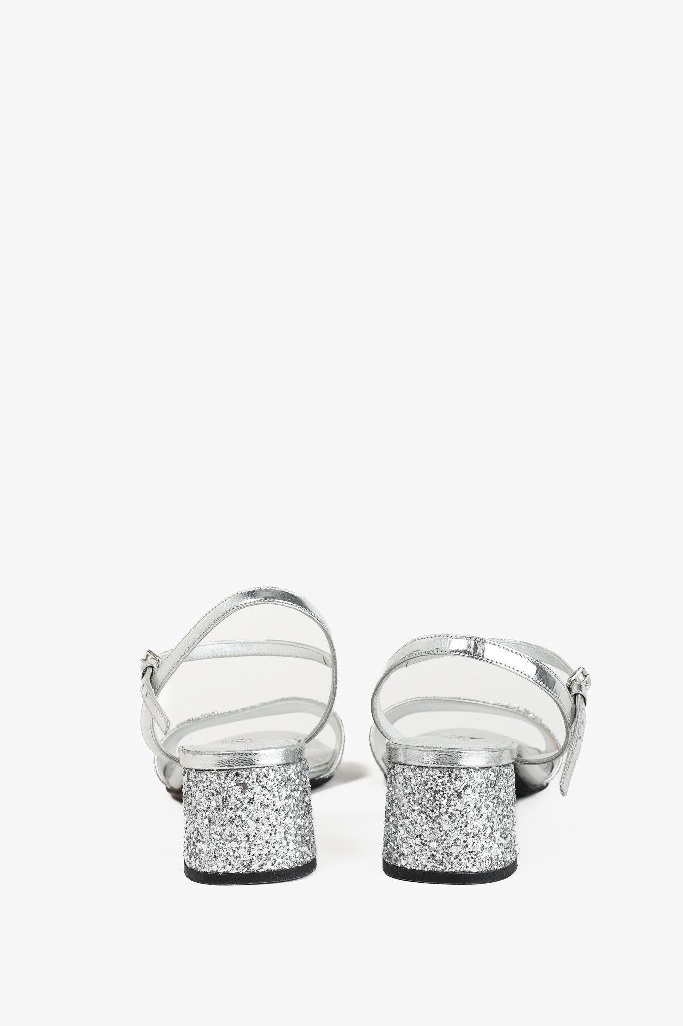 Miu Miu Miu Miu Silver Glitter & Leather Low-Heel Sandals Size US 7.5 / IT 37.5 - 3 Thumbnail