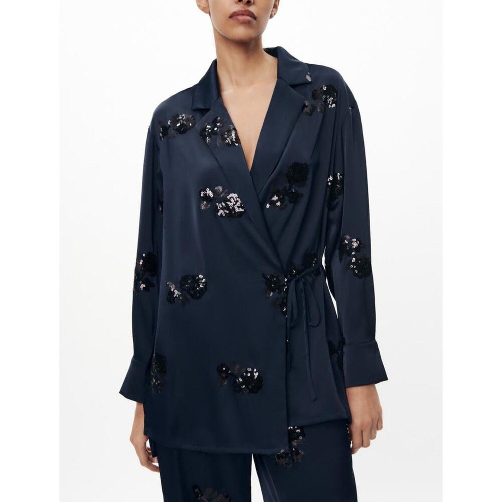 Zara Nwt- SATIN KIMONO BLAZER WITH SEQUINS-Large Size L / US 10 / IT 46 - 2 Thumbnail
